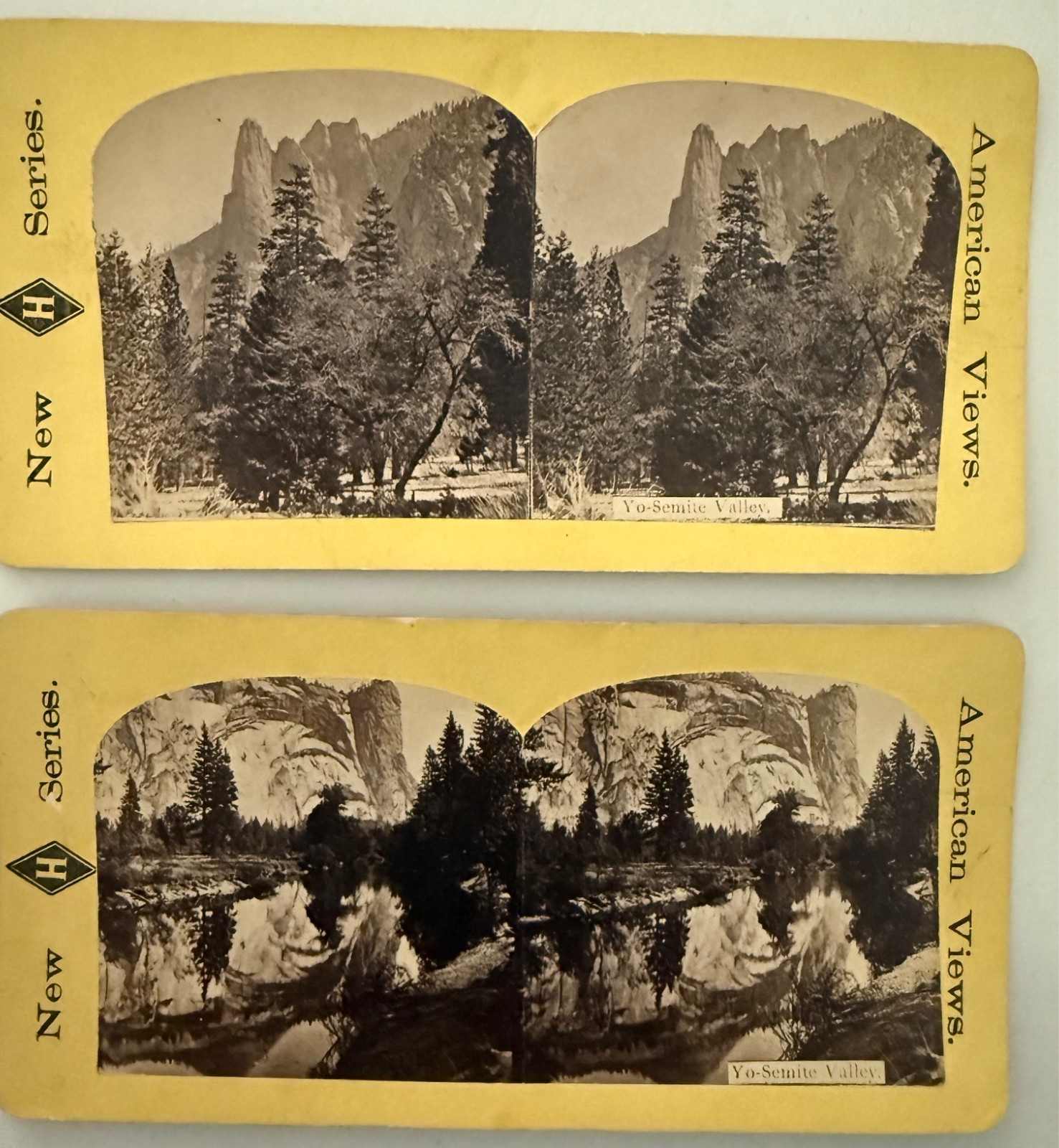 2 Yosemite Stereoviews Three Brothers New H Series American Views c1870s