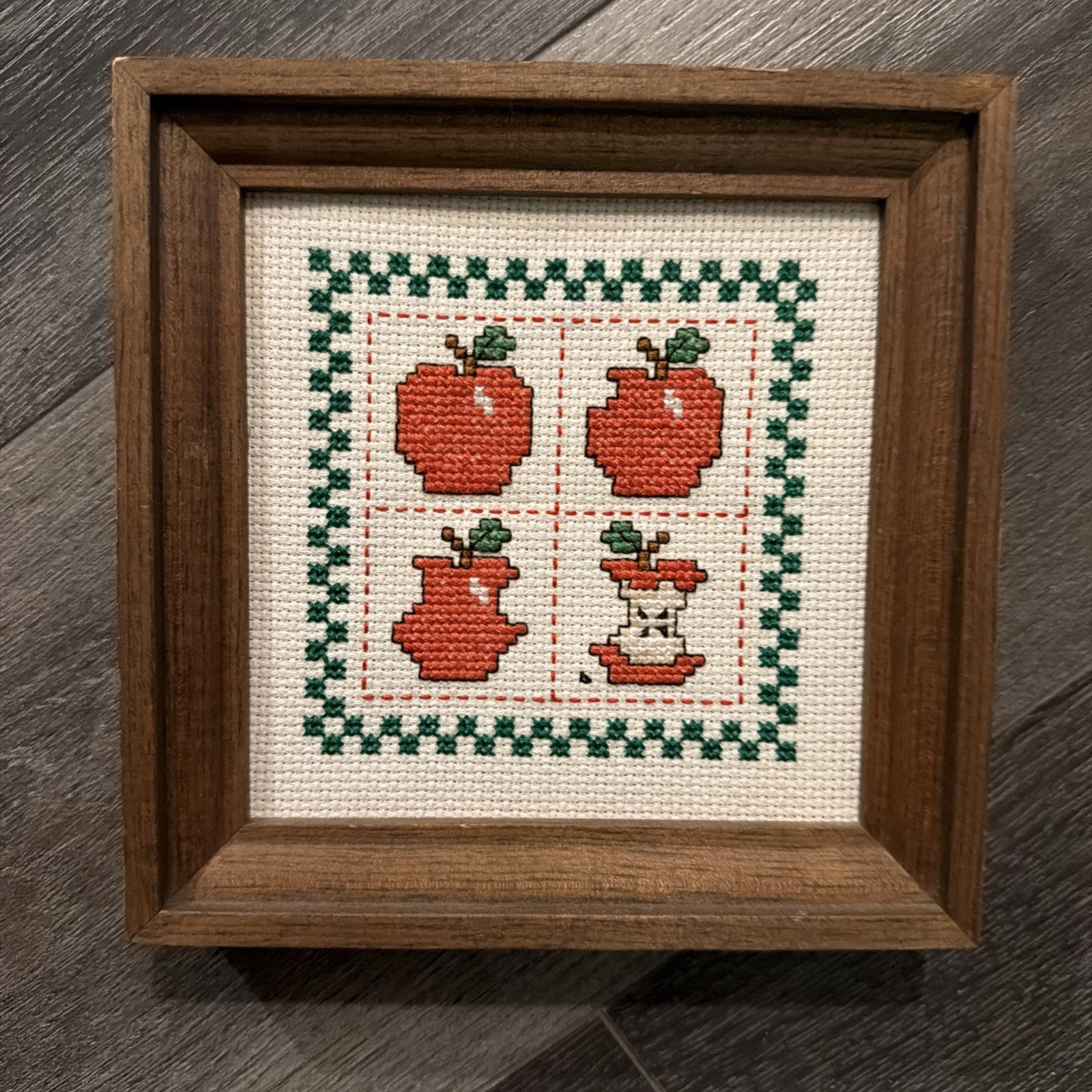 Vintage Counted Crosstitch Apples Wood Frame Cottage Kitchen Decor 80s 90s