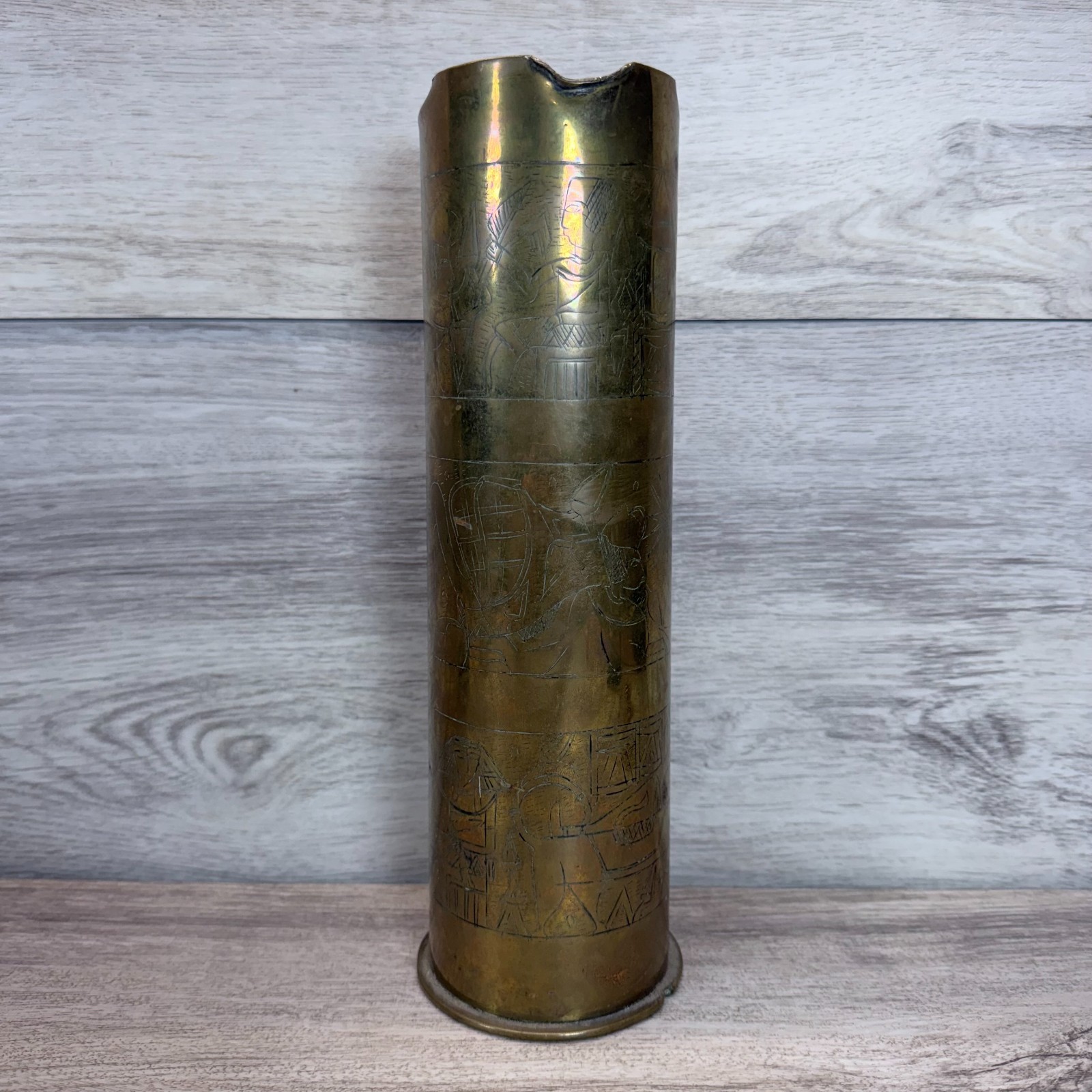 Antique WWI 1916 Krupp Trench Art Artillery Shell Casing Egyptian Engraved Vase