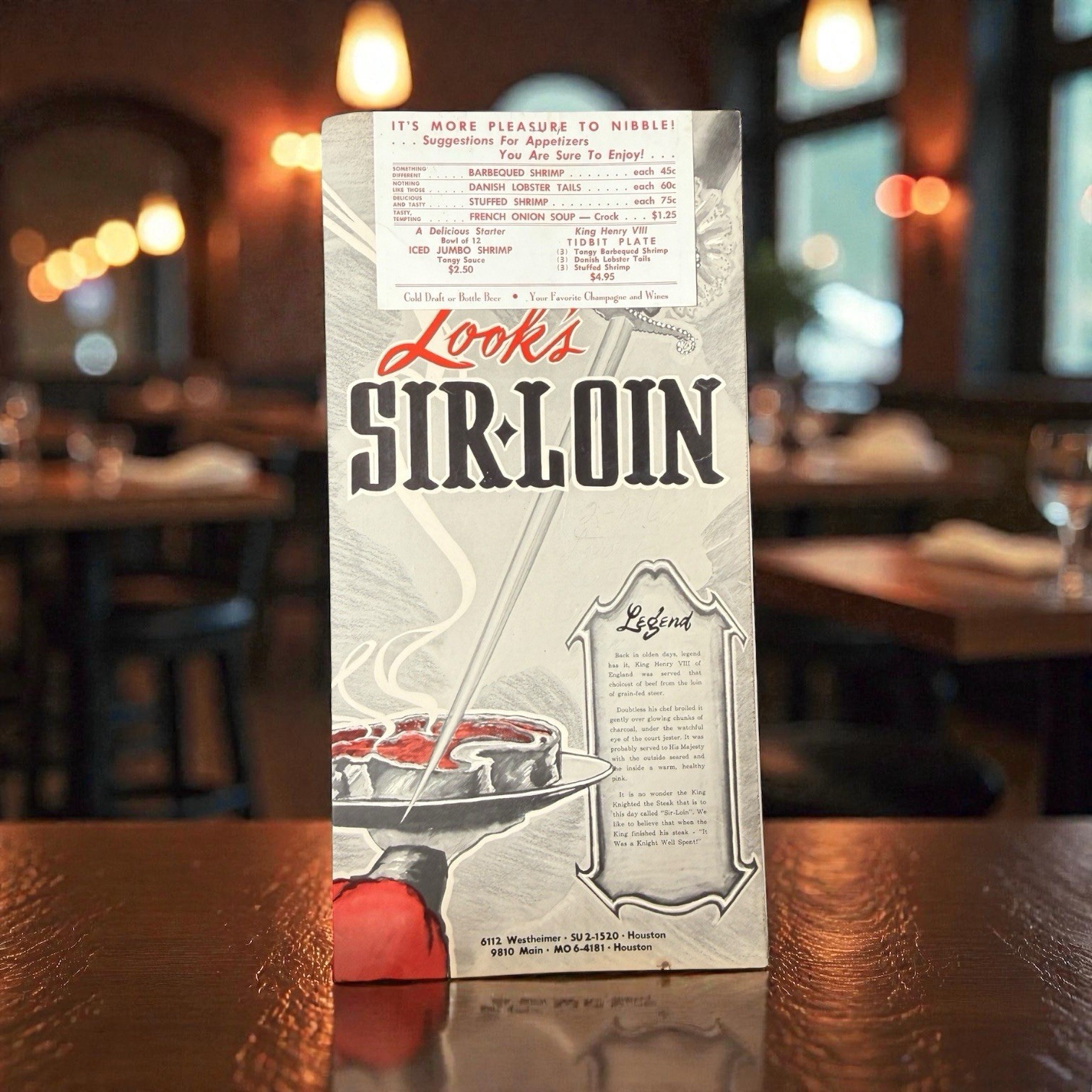 Vintage 1960s Look's Sir-Loin Menu Houston Texas Steakhouse Restaurant Oversized