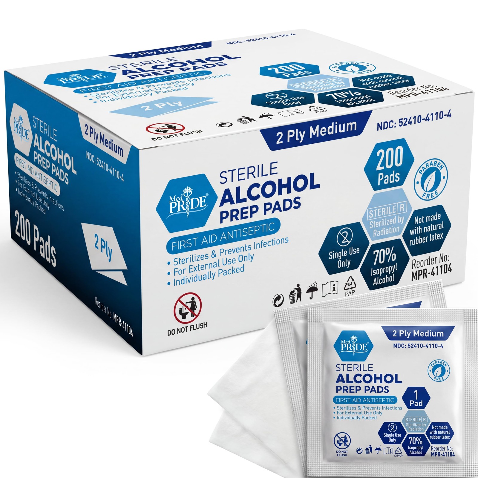 MED PRIDE Sterile Alcohol Prep Pads, Antiseptic, 200 Count (Pack of 1), White MED PRIDE Sterile Alcohol Prep Pads, Antiseptic, 200 Count (Pack of 1), White