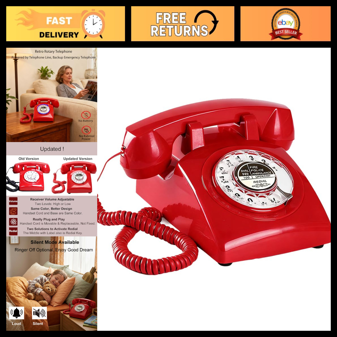 Vintage Red Rotary Phone with Redial & Ringer On/Off - Antique 1960s Landline Di Vintage Red Rotary Phone with Redial & Ringer On/Off - Antique 1960s Landline Di