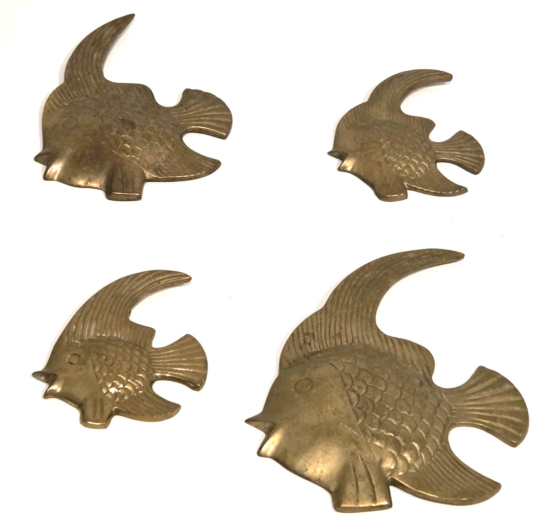 Set Of 4 Vintage MCM Solid Brass Tropical Fish Hanging Wall Art Angel Sunfish Set Of 4 Vintage MCM Solid Brass Tropical Fish Hanging Wall Art Angel Sunfish
