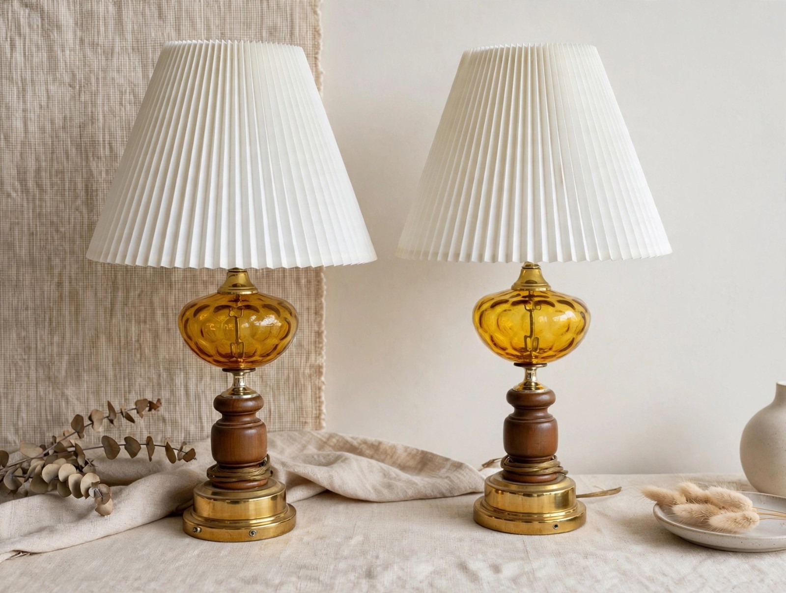 Pair Vintage Amber Bubble Glass Table Lamps White Pleated Shades Pair Vintage Amber Bubble Glass Table Lamps White Pleated Shades