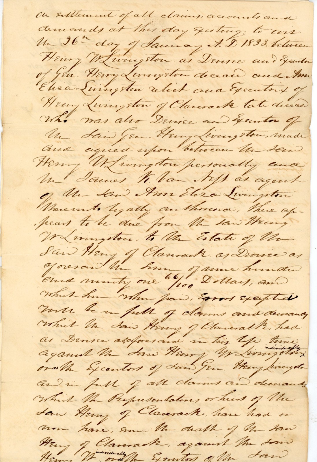 1833 Livingston Family Manuscript Document Signed NY Estate Settlement Receipt