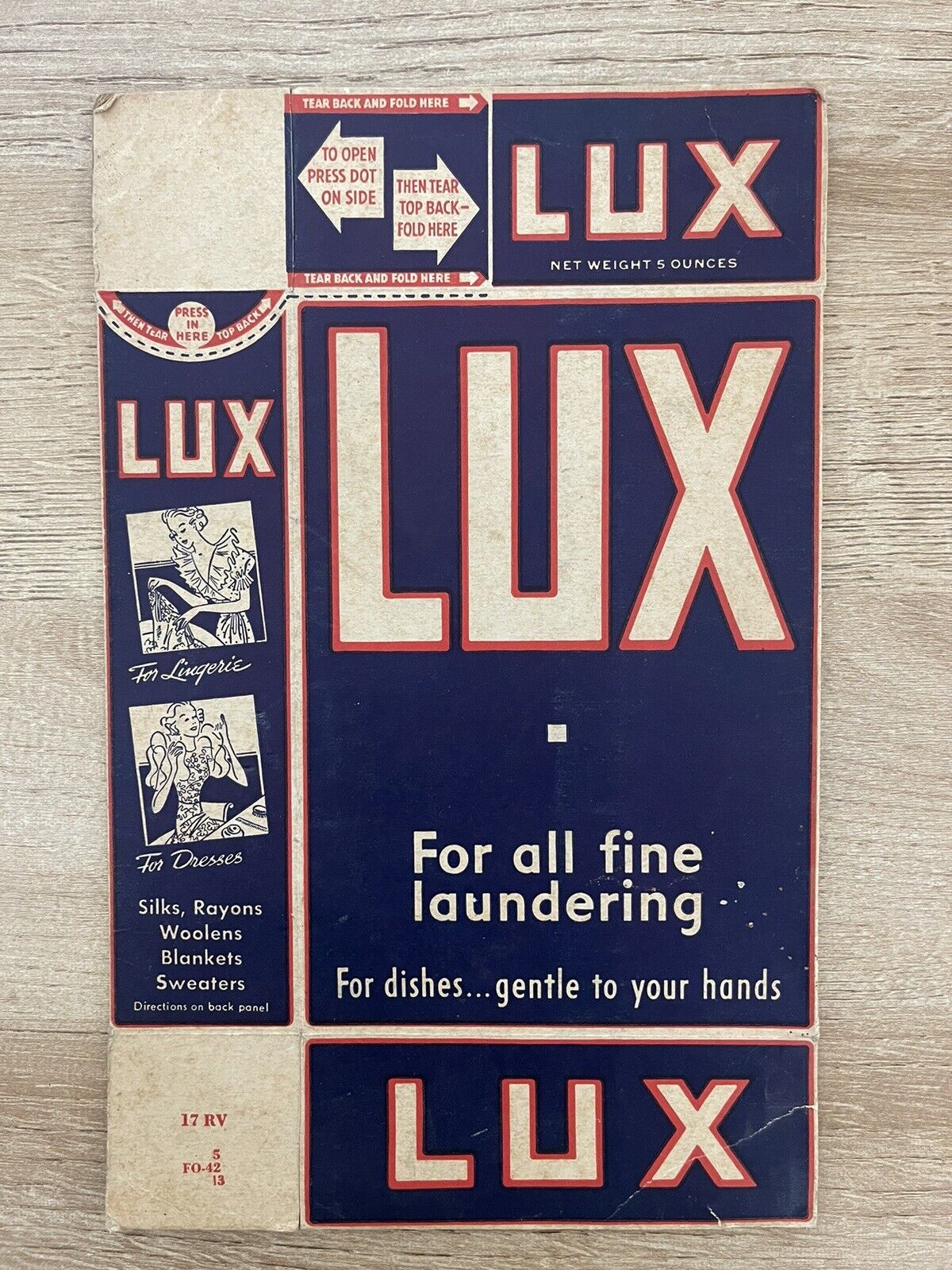 Lux Laundry Detergent Vintage 1950s Soap Box - Flattened