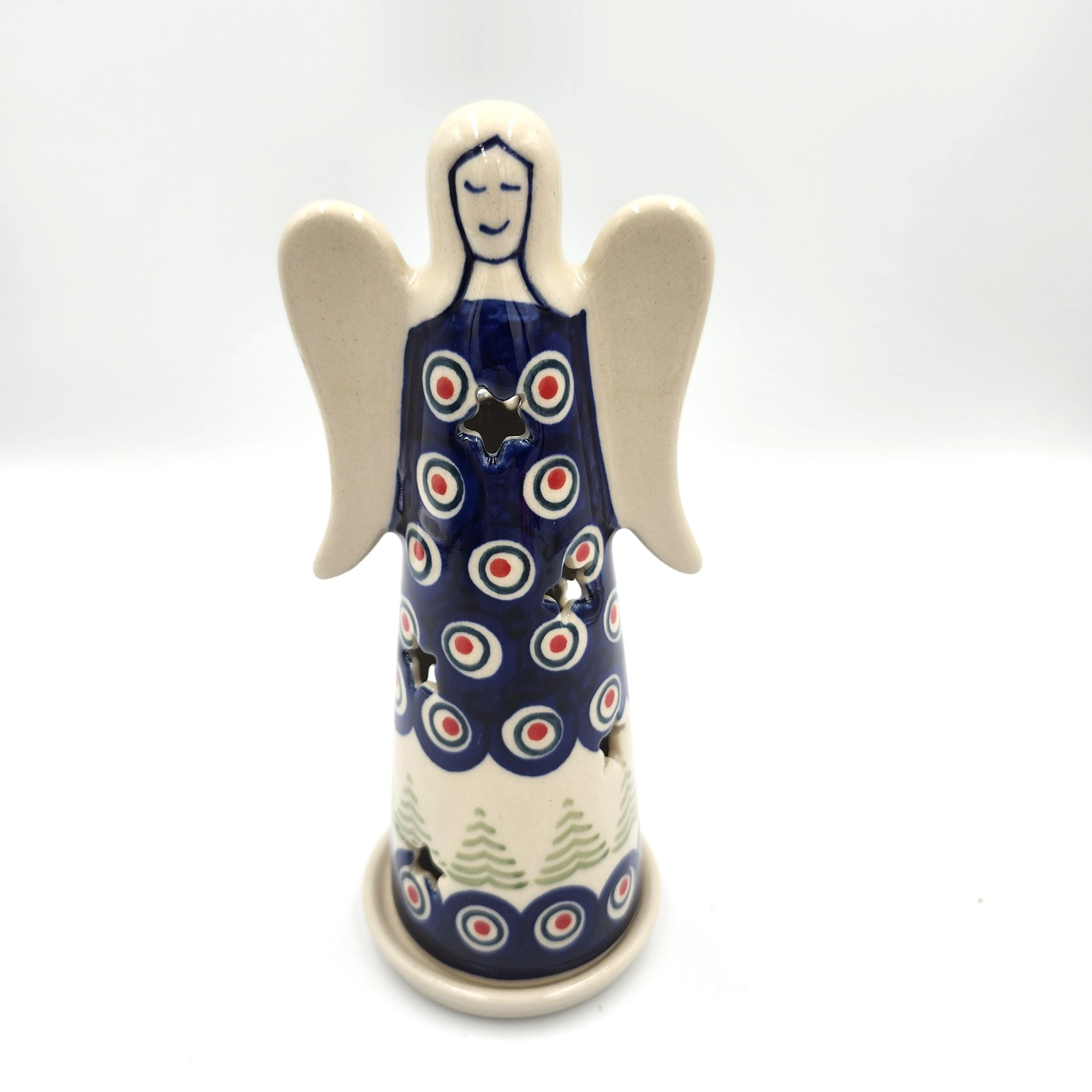 Polish Boleslaweic Pottery Christmas Luminary ANGEL Blue Peacock Leaves Polish Boleslaweic Pottery Christmas Luminary ANGEL Blue Peacock Leaves