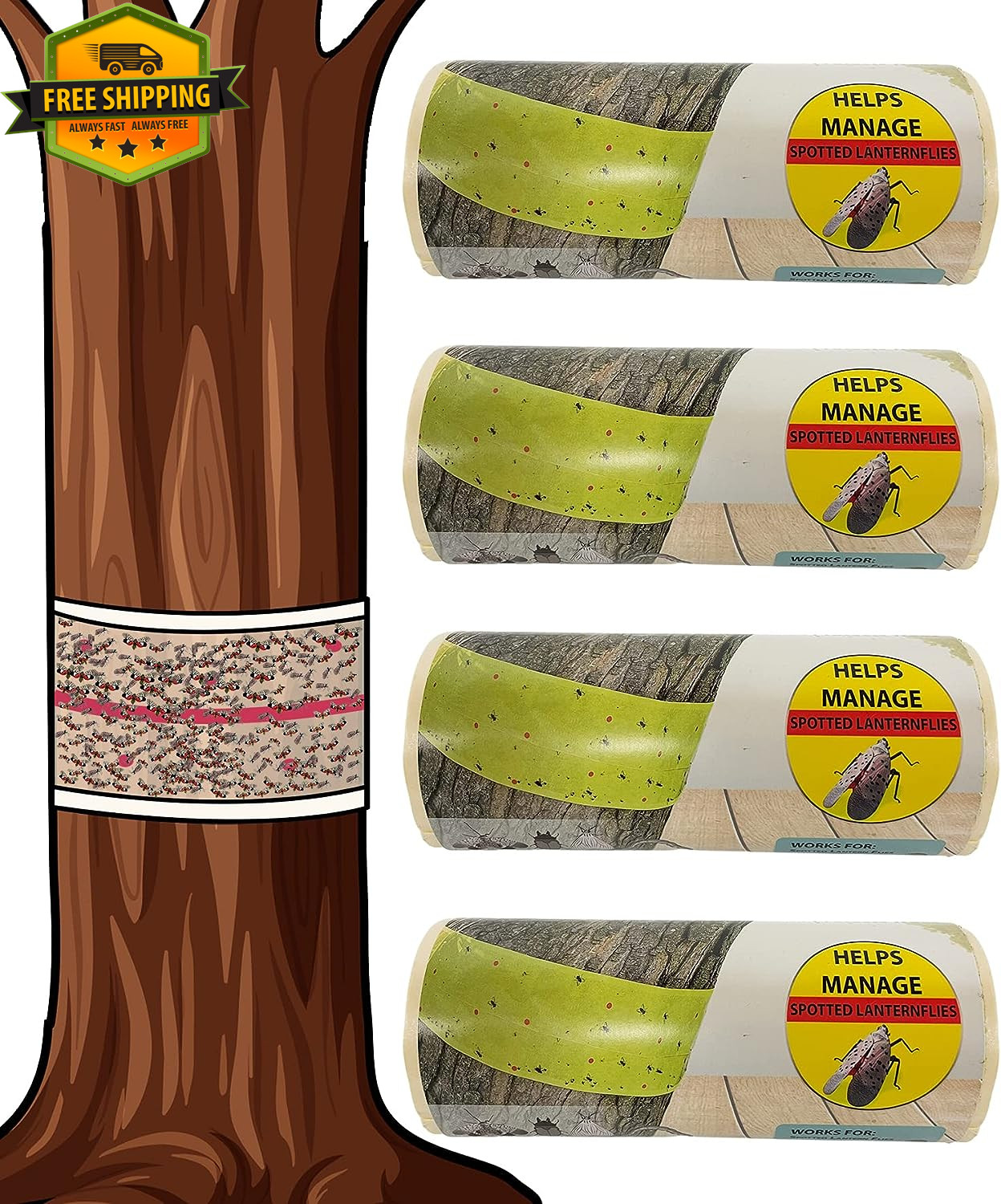 Spotted Lanternfly Tree Trap 4 Rolls 30ft Each Sticky Barrier Non-Toxic