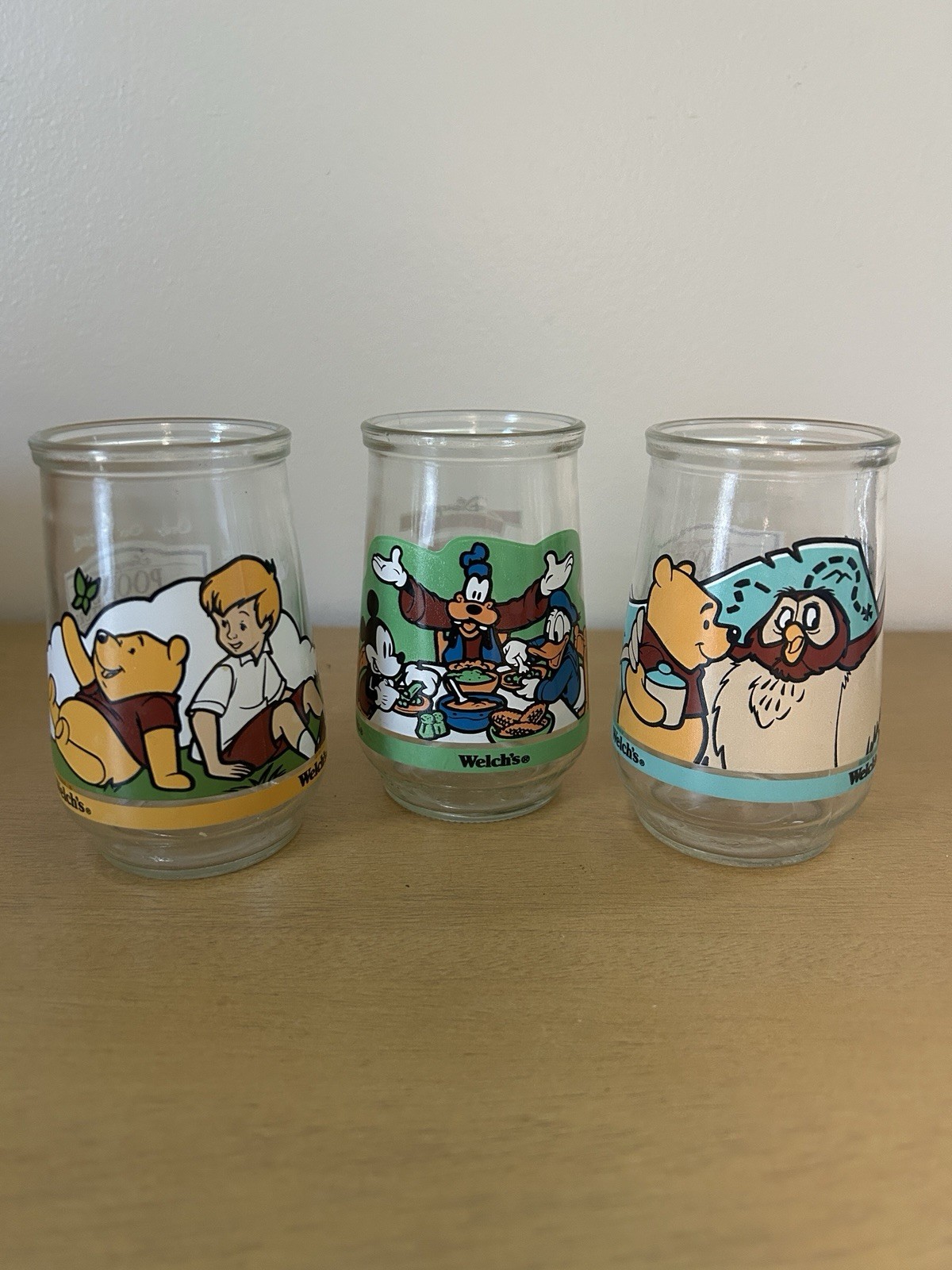 Lot of 3 Vintage 90s Welchs Jelly Jar Glasses Disney Winnie Pooh Mickey Goofy Lot of 3 Vintage 90s Welchs Jelly Jar Glasses Disney Winnie Pooh Mickey Goofy