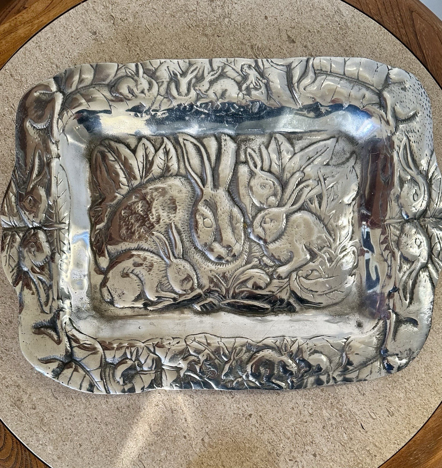 Vintage Mexican Silver Pewter Repoussé Tray Bunny Rabbit Serving Platter 15”x17”