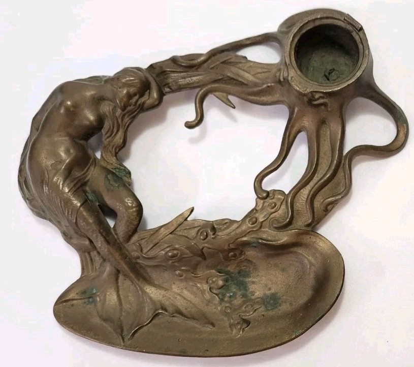 VTG ANTIQUE ART NOUVEAU BRONZE OCTOPUS MERMAID INKWELL for PARTS REPAIR VTG ANTIQUE ART NOUVEAU BRONZE OCTOPUS MERMAID INKWELL for PARTS REPAIR