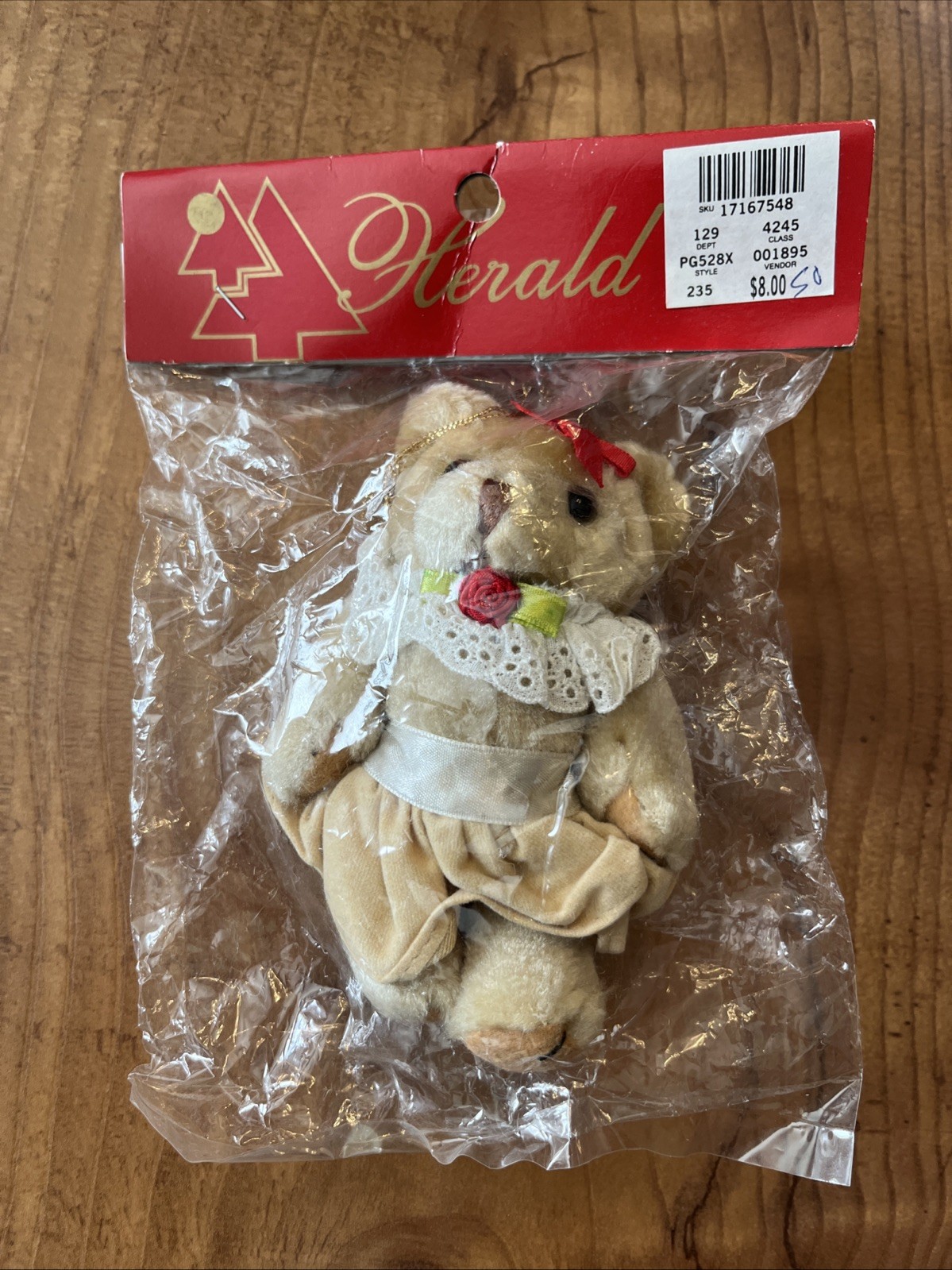 VTG Herald Plush Teddy Bear Christmas Ornament Rose Lace Collar Red Bow RARE FWC