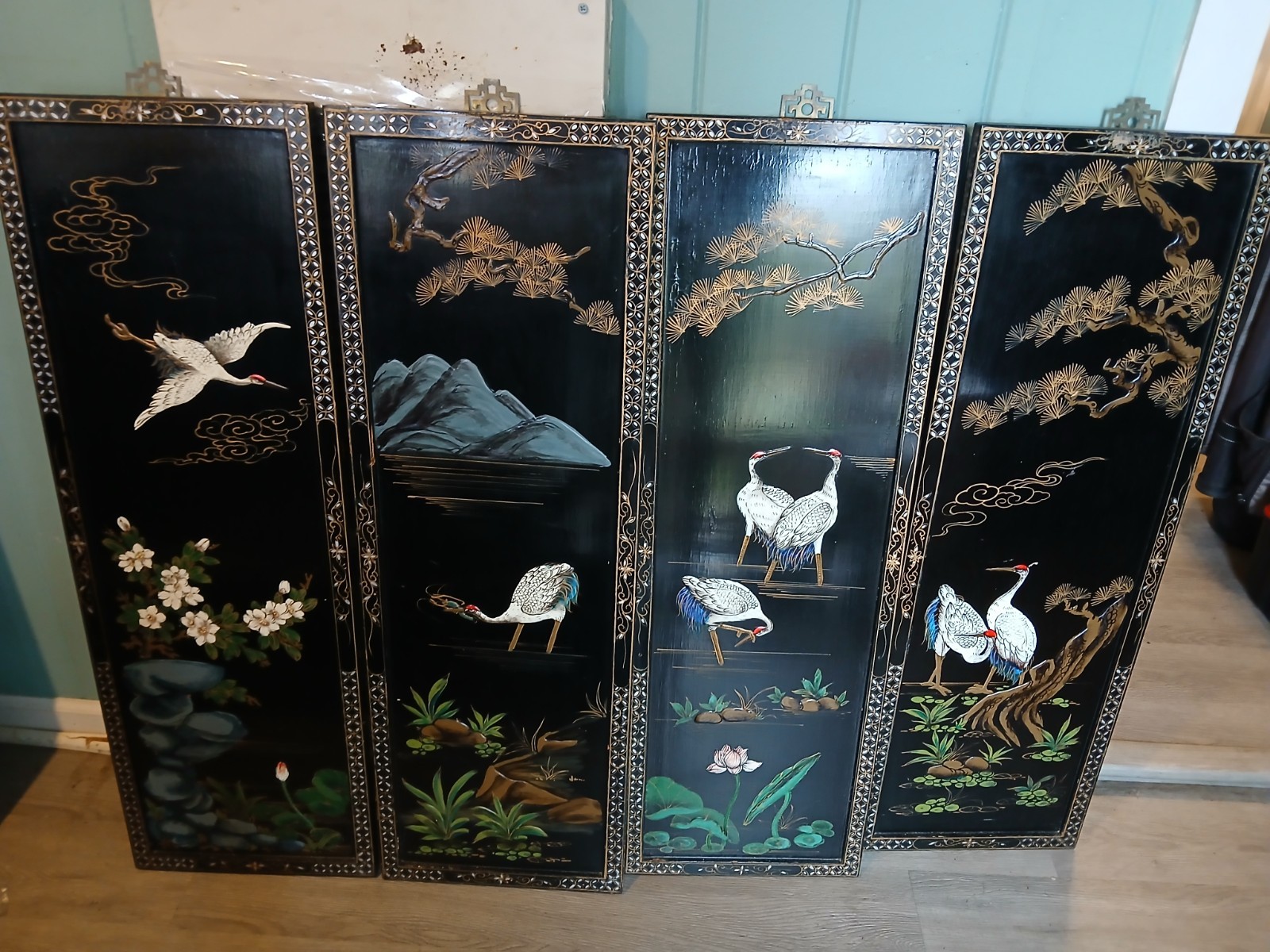 Rare 4 Asian Chinese Red headed white Cranes soapstone black lacquer wall panels