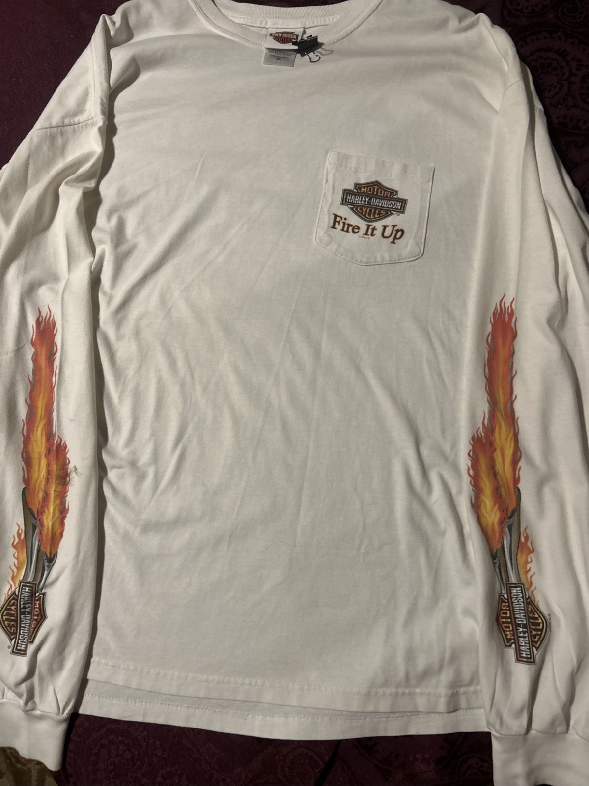 VTG 2007 Harley Davidson Fire It Up Flame Sleeve Pocket T-Shirt White 2XL USA