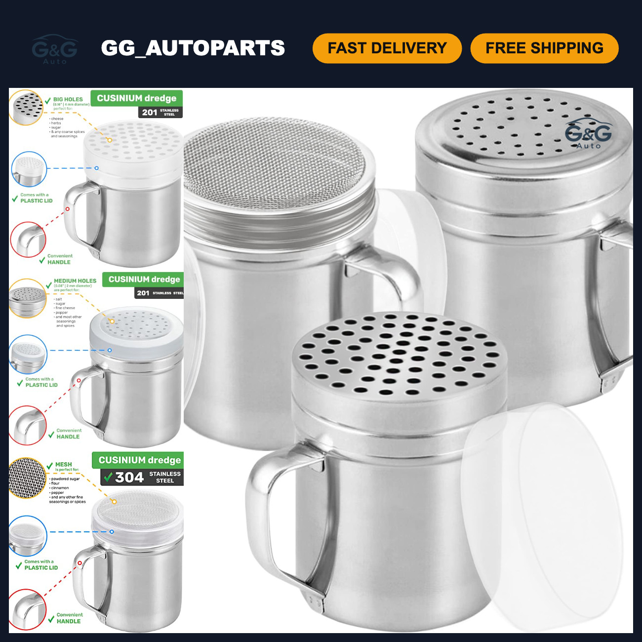 Set of 3 Stainless Steel Dredges - 10oz Fine, Medium & Large Hole Shakers Set of 3 Stainless Steel Dredges - 10oz Fine, Medium & Large Hole Shakers