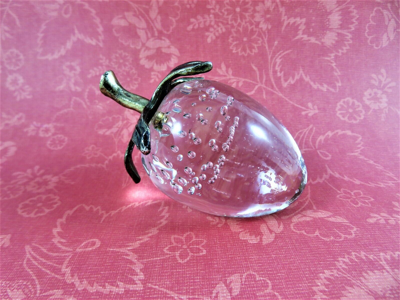 Clear Glass Strawberry Paperweight Controlled Bubbles Metal Stem 3 5/8 In Long