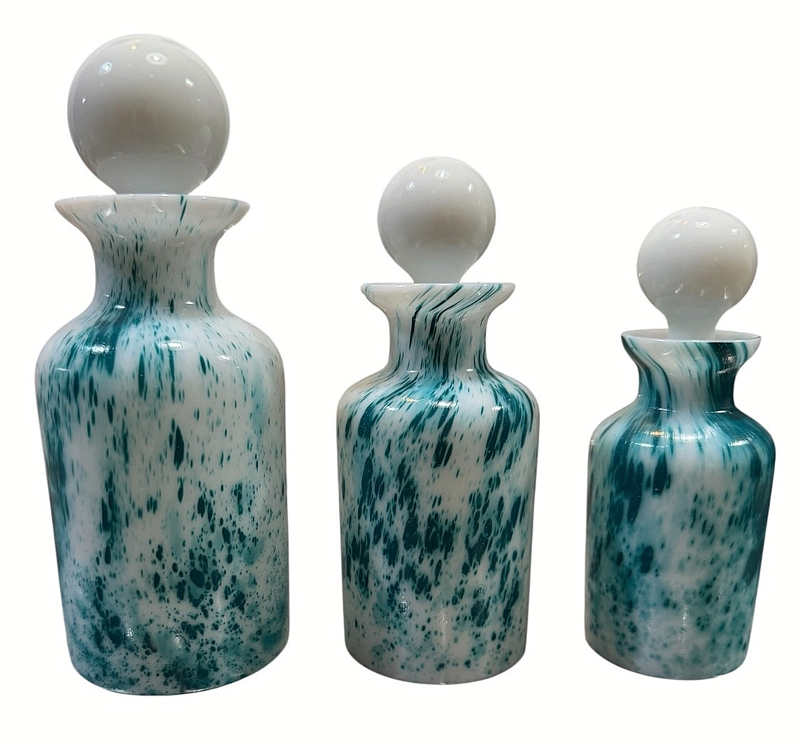 3 PORTIEUX VALLERYSTHAL GREEN & WHITE PAPILLION PERFUME BOTTLE SET WITH STOPPERS 3 PORTIEUX VALLERYSTHAL GREEN & WHITE PAPILLION PERFUME BOTTLE SET WITH STOPPERS