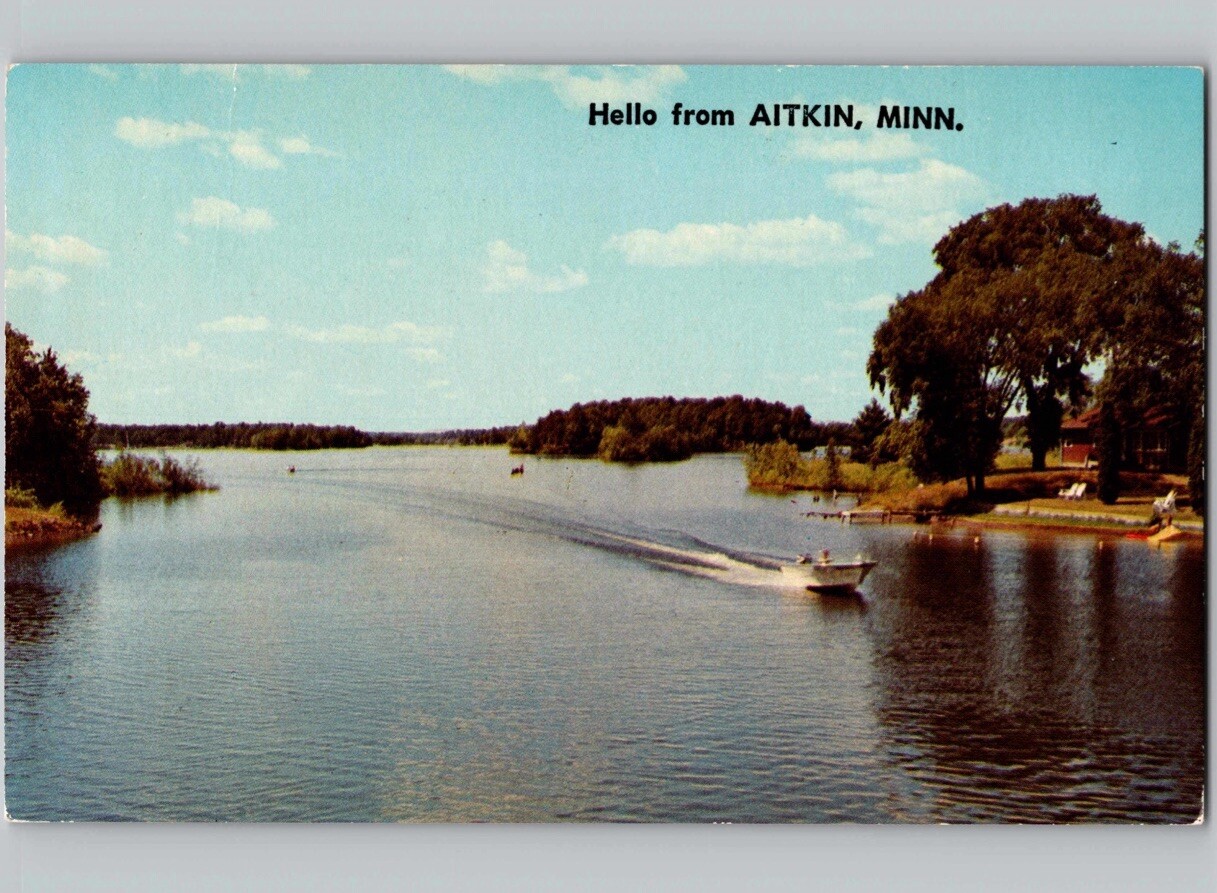 c1960 Hello Greetings From Aitkin Minnesota MN Boating Postcard