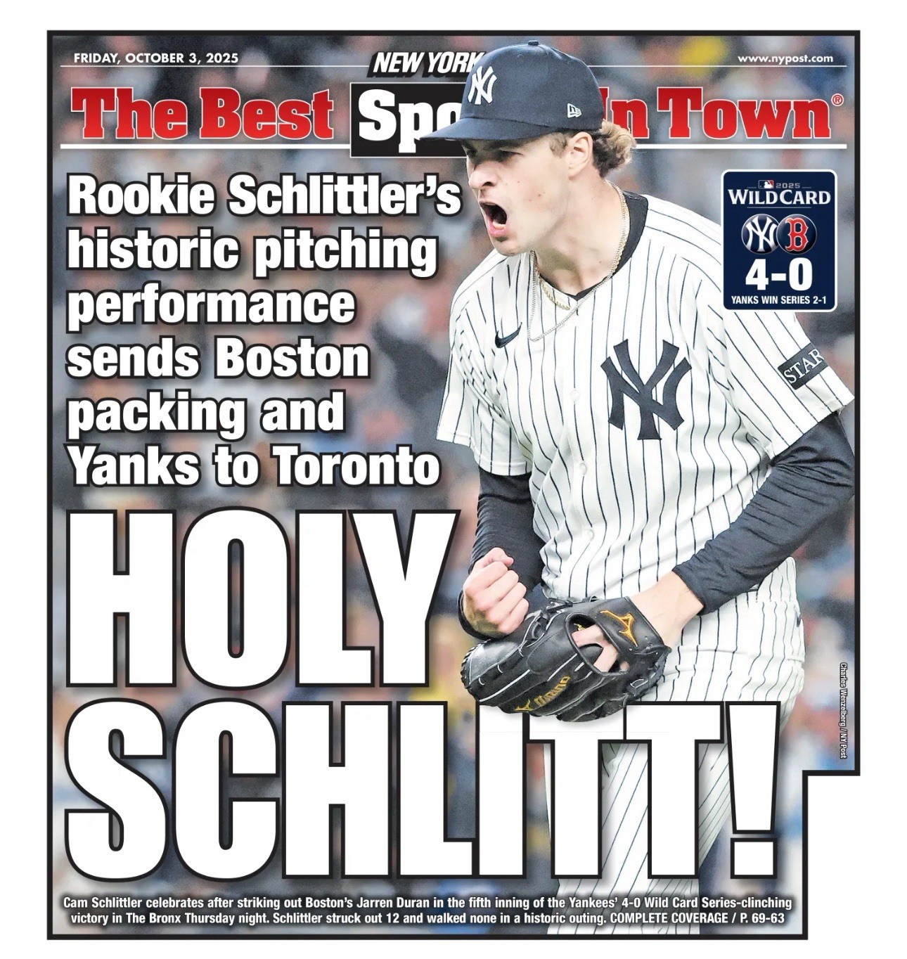 HOLY SCHLITT NEWSPAPER YANKEE ROOKIE 10/3/25 Cam Schlittler Ny Post HOLY SCHLITT NEWSPAPER YANKEE ROOKIE 10/3/25 Cam Schlittler Ny Post