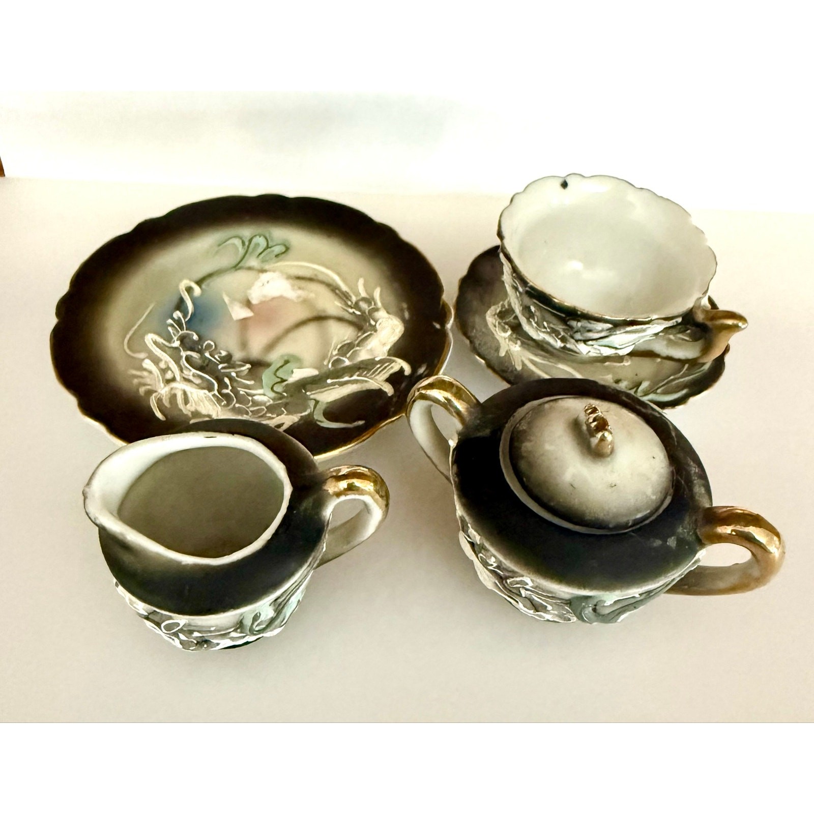 Vintage Japanese Moriage Dragonware Miniature Tea Set 5 Piece Grey White Gold Vintage Japanese Moriage Dragonware Miniature Tea Set 5 Piece Grey White Gold