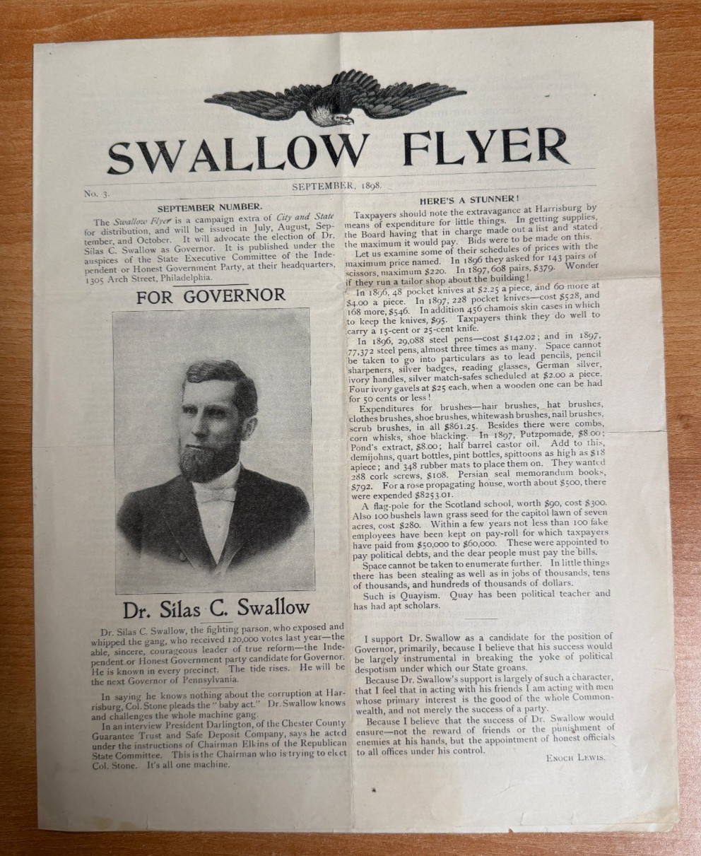 Original 1898 'Swallow Flyer' Prohibition Party Silas C Swallow for Pa. Governor