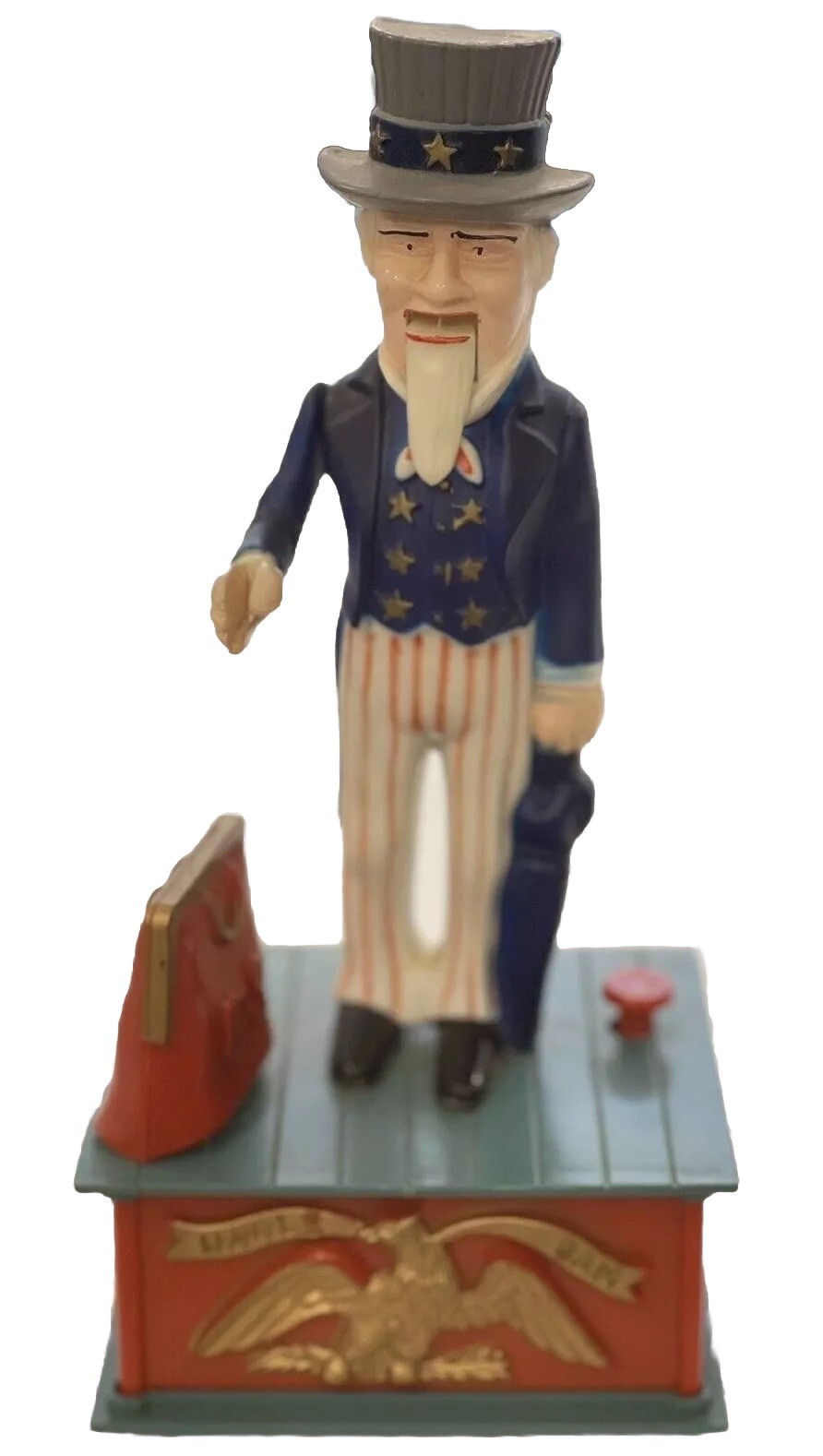 UNCLE SAM 1970's HARD PLASTIC FIGURAL MECHANICAL BANK BICENTENNIAL STILL WORKS