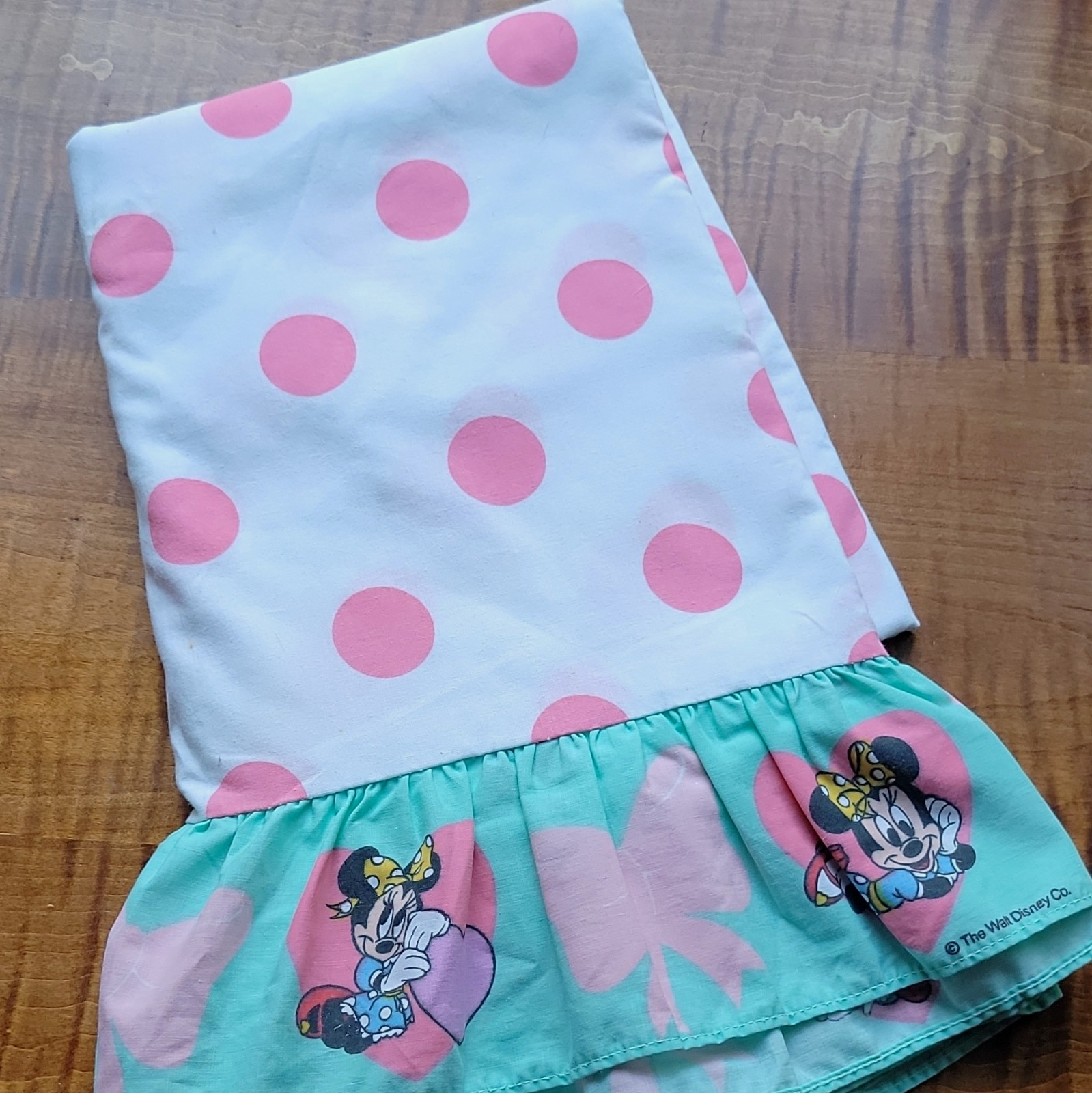 1990\'s Disney Minnie Mouse Twin Flat Sheet Pink Polka Dot Ruffle, Vintage Bed