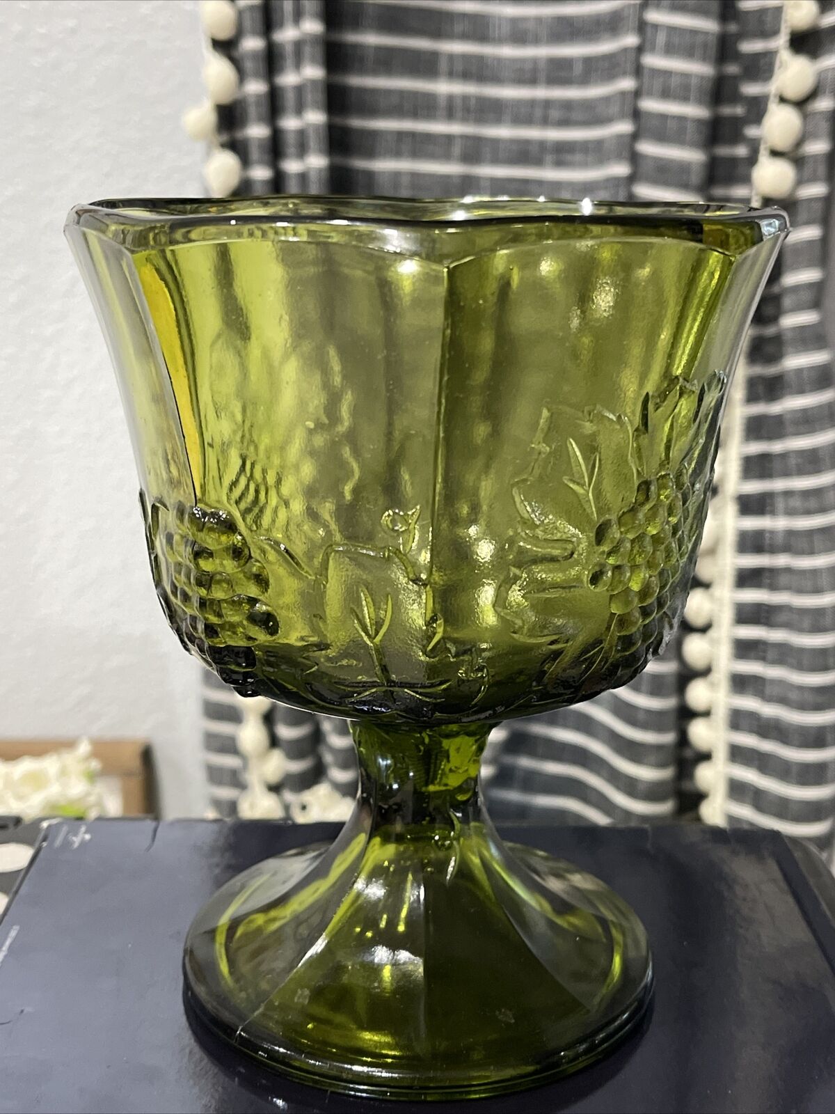 Vintage Olive Green Glass Grapes Compote Candy Dish 6 ¼ “Tall (W5-2)