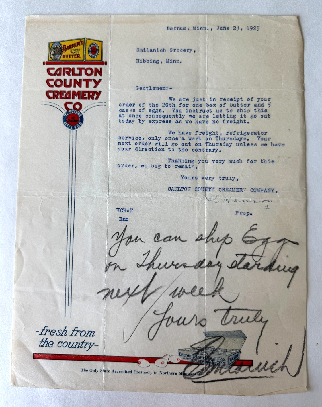 Vintage 1925 Letterhead Barnum Minnesota Carlton County Creamery color vignette