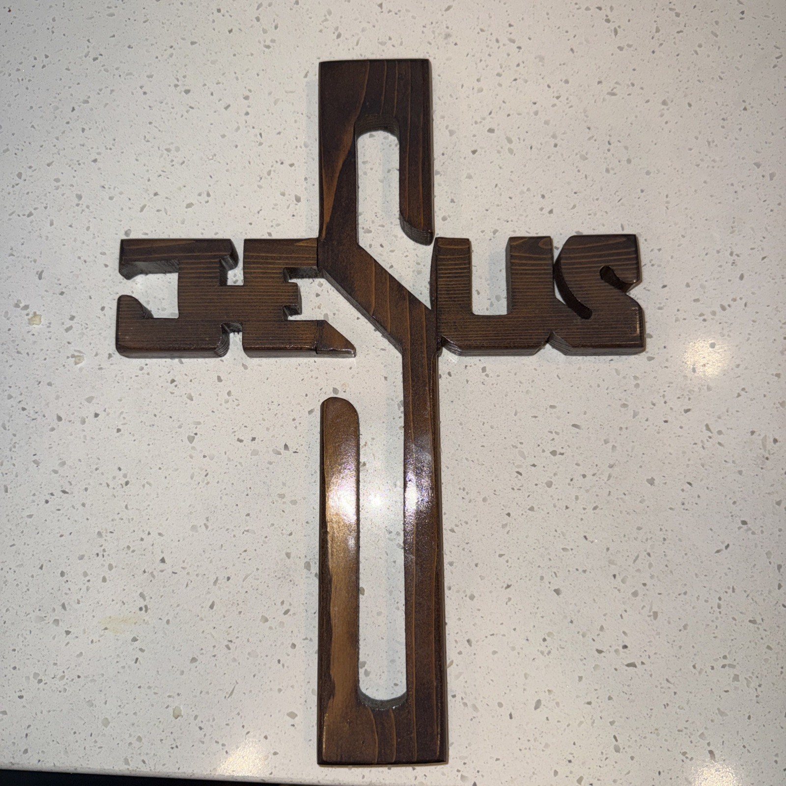 Vintage Handcrafted Thick Wood 14” Cross Sculpture Cut Out Jesus Letters