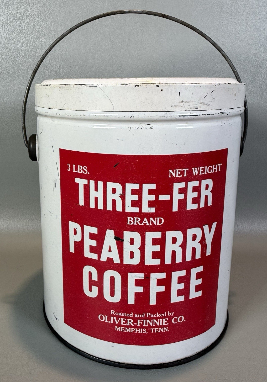 Three-fer Peaberry Coffee Can 3 Lb Oliver Finnie Co Memphis Tennessee 7 3/8 Three-fer Peaberry Coffee Can 3 Lb Oliver Finnie Co Memphis Tennessee 7 3/8