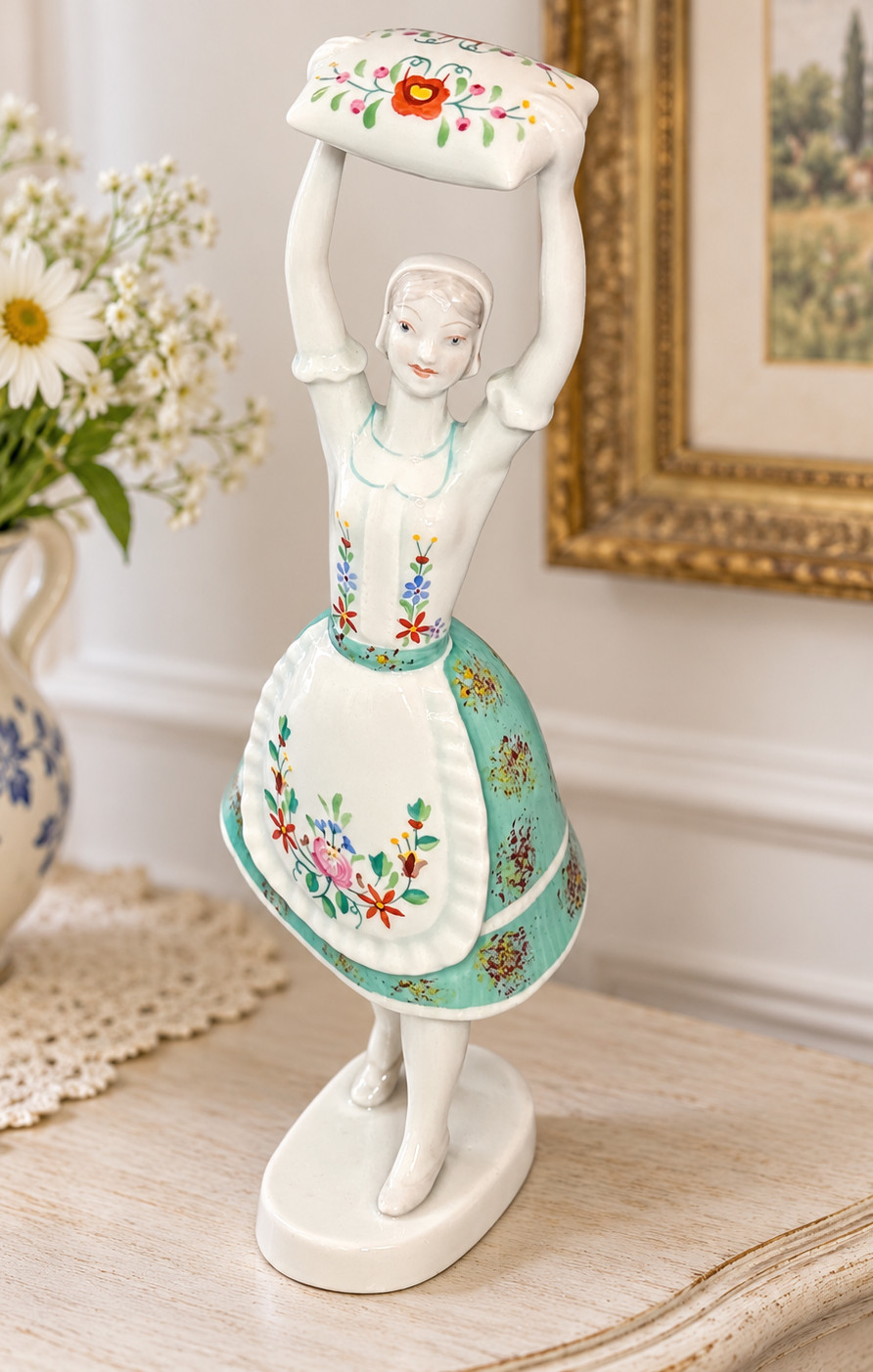 Hollohaza Hungary Girl With Pillow Hand Painted Porcelain Figurine Pillow Dancer