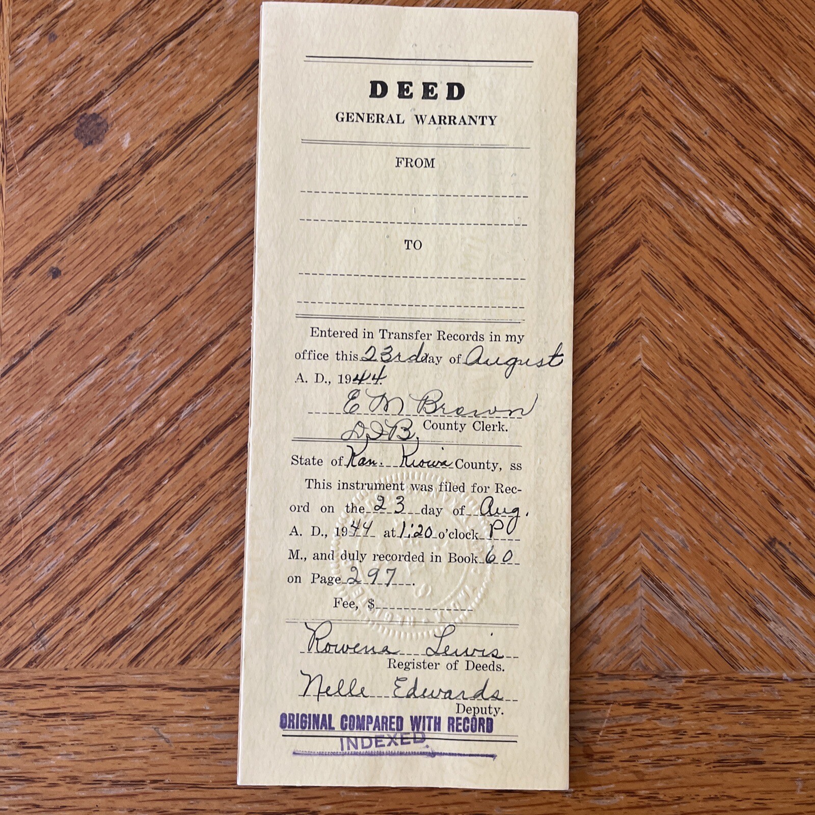 1944 Antique Deed General Warranty Kiowa Kansas