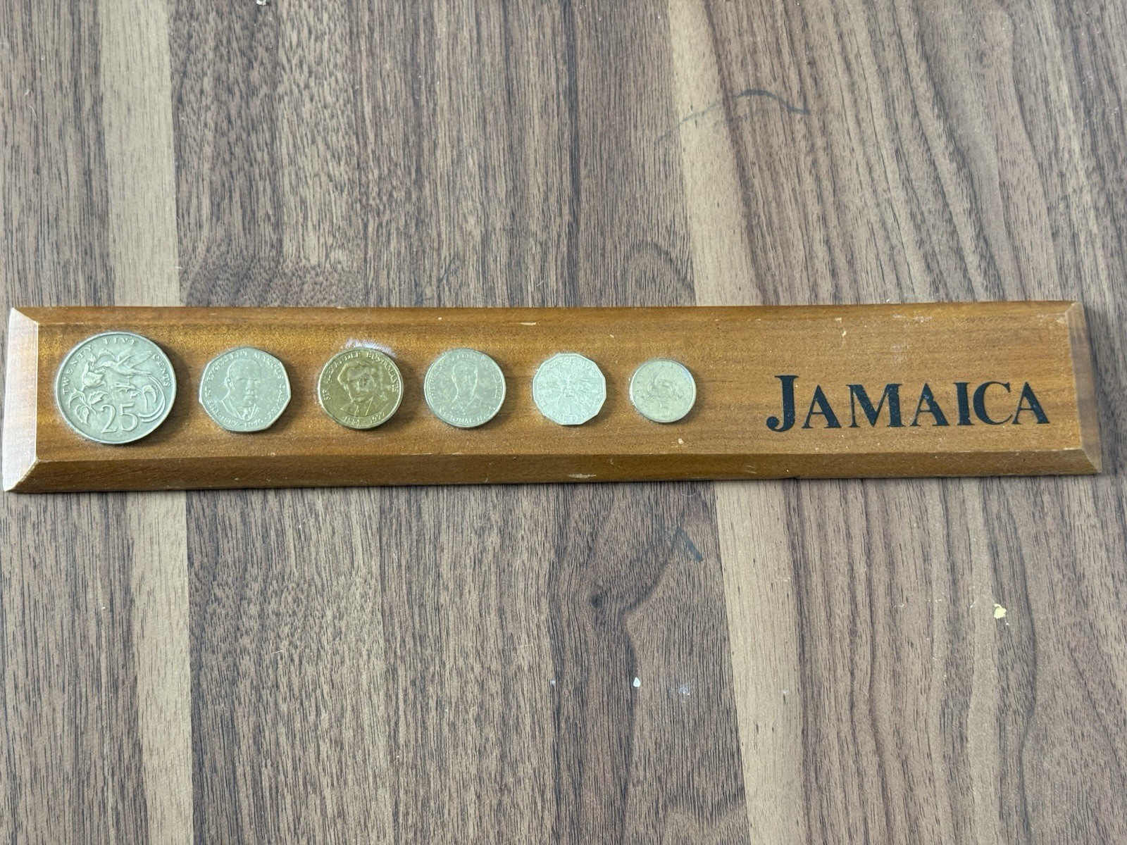 Vintage Jamaica Coin Set on Wood Plaque – Caribbean Souvenir Display – 6 Coins