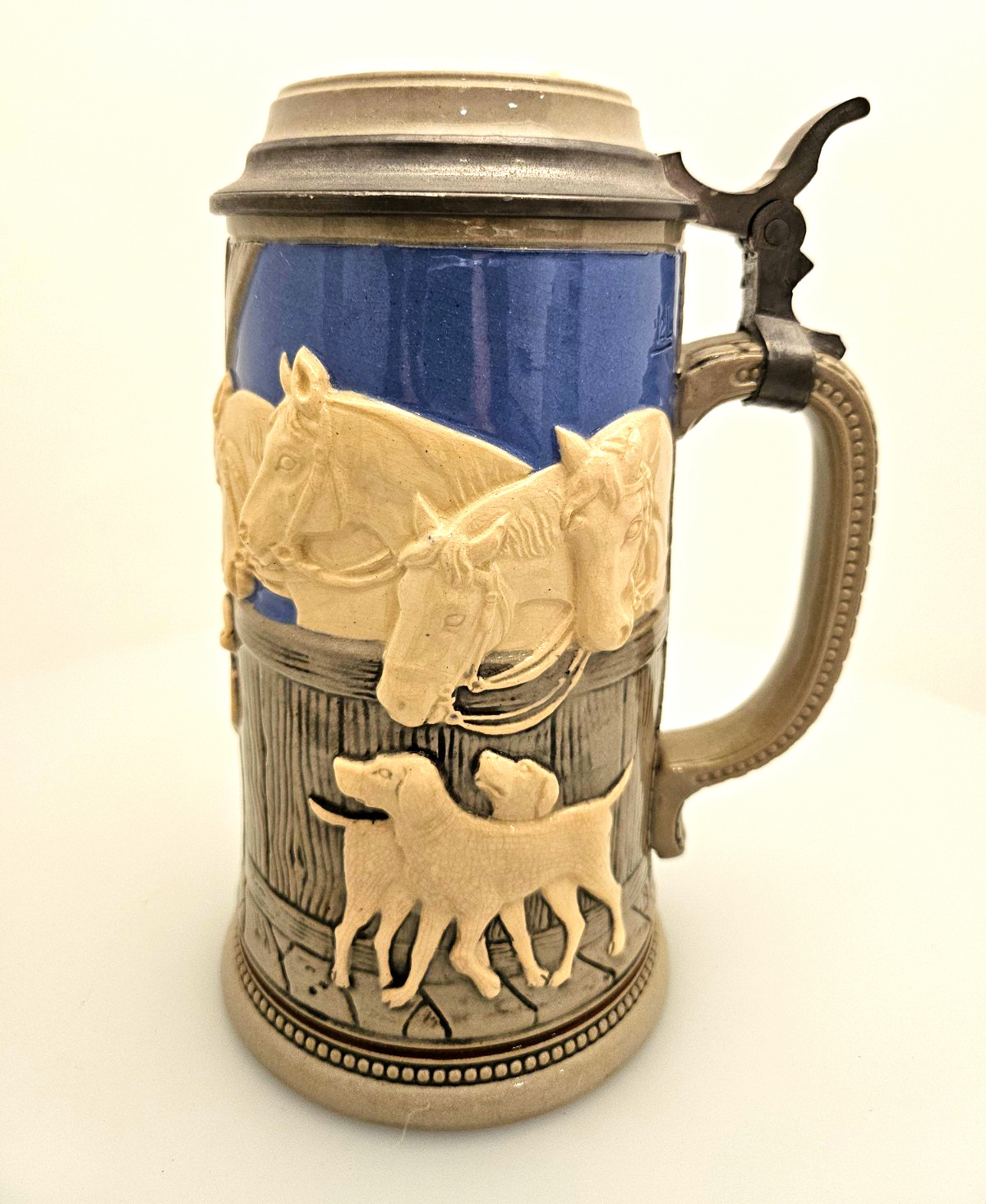 Gerz Germany Lidded Beer Stein Horses & Dog Relief Blue/Gray Pewter Lid