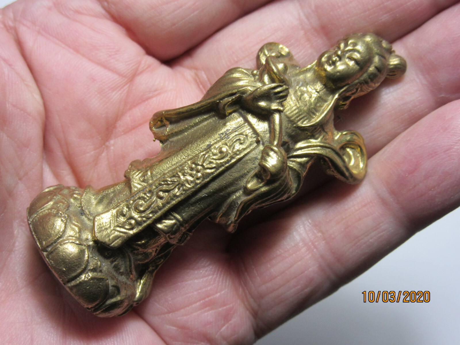 Brass Quan Yin Goddess Buddha on Lotus Statue w/Ruyi Collectible Reiki New