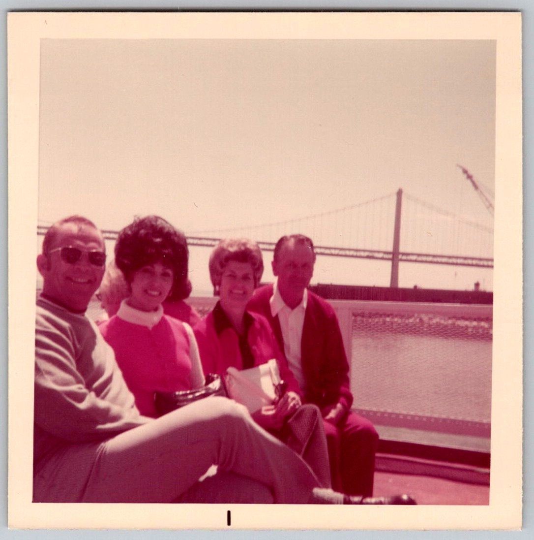 Vtg Color Snapshot Group People Boat Ferry Bay Bridge Sunglasses 1960s Vtg Color Snapshot Group People Boat Ferry Bay Bridge Sunglasses 1960s