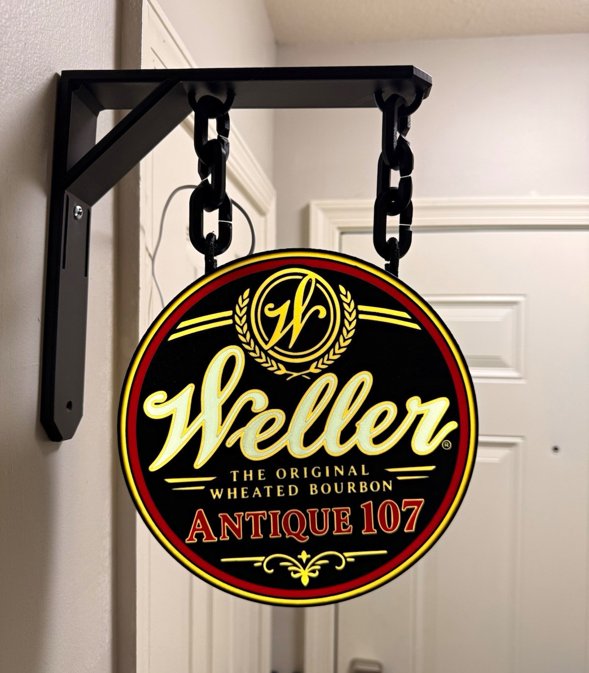 Weller Antique 107 “Original Wheated Bourbon” Hanging Distillery Sign, Black/Red