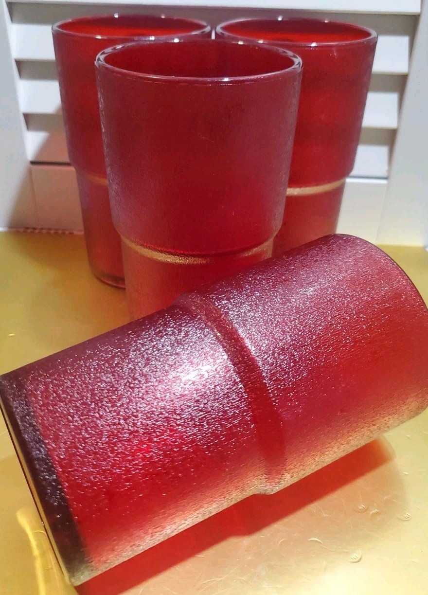 VTG HJ Stotter Red Acrylic Frosted Ice Texture Tumblers Set 4 Patio MCM 5-1/8\