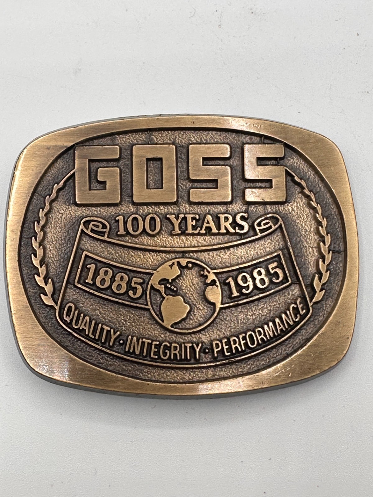 GOSS Printing Press 100 Years Belt Buckle 1885–1985 Baker Made Vintage