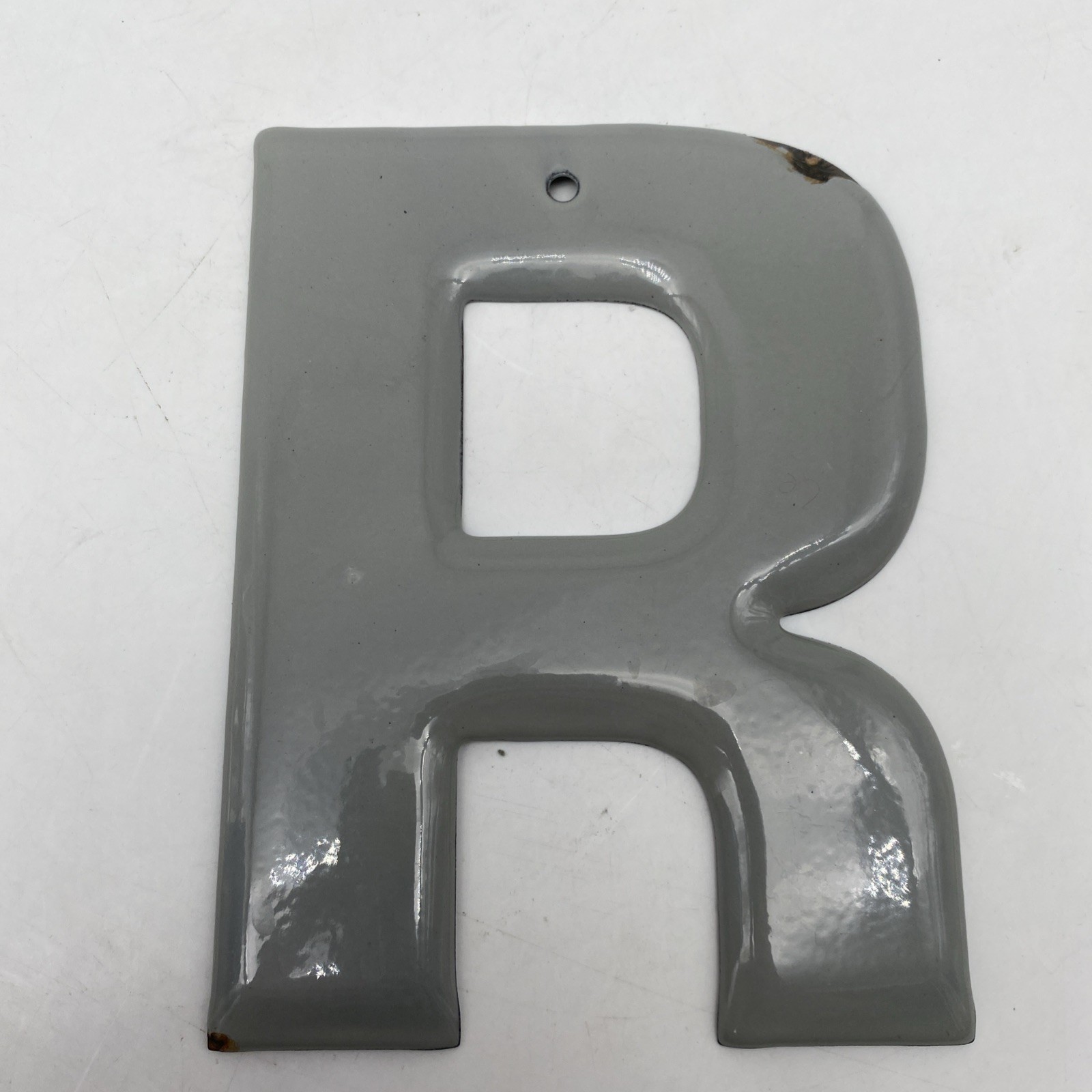 Vintage gray Porcelain Letter “R”  Metal enamel 5.75” 5 3/4” grey