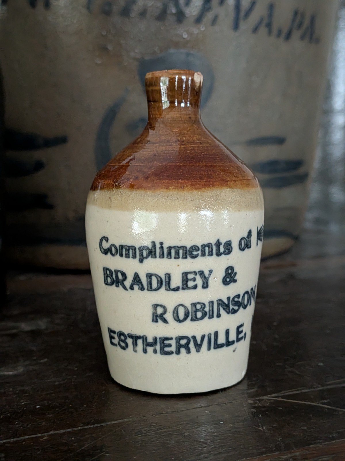 Bradley Robinson Estherville Iowa Advertising Mini Stoneware Jug Not Red Wing