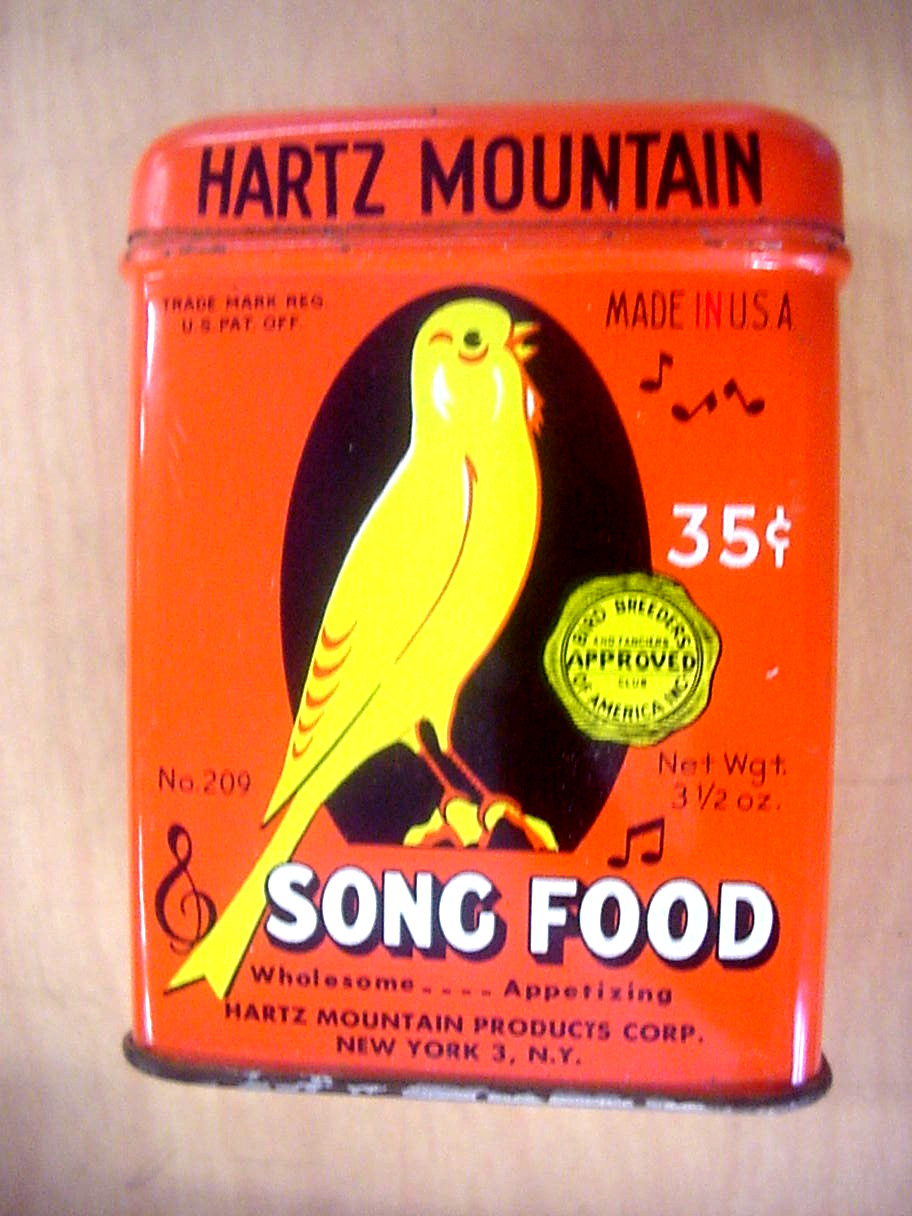 Vintage Hartz Mountain 3.5oz Song Food Orange Metal Tin With Lid Bird Art