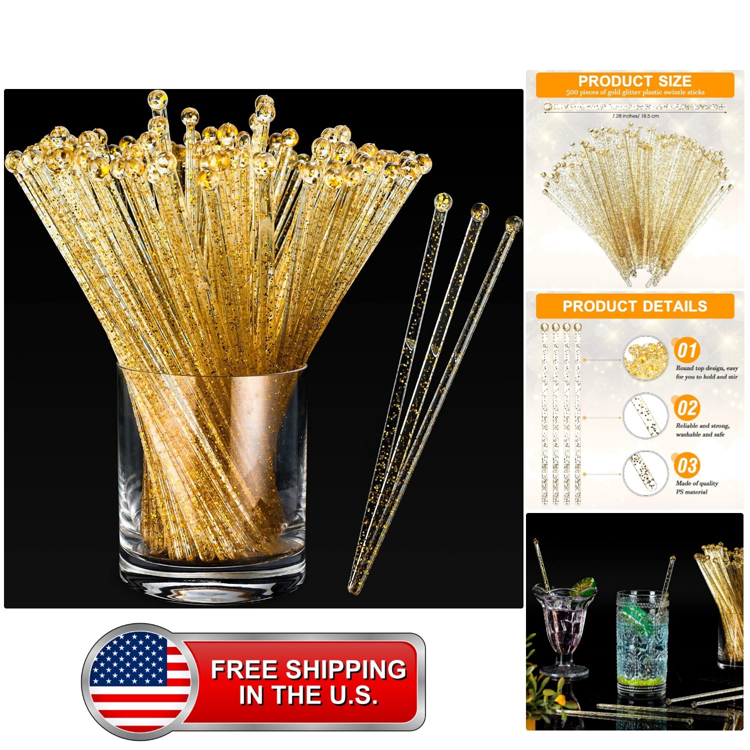 500 Pcs Gold Glitter Plastic Swizzle Sticks Crystal Cake Pops Disposable Cock... 500 Pcs Gold Glitter Plastic Swizzle Sticks Crystal Cake Pops Disposable Cock...