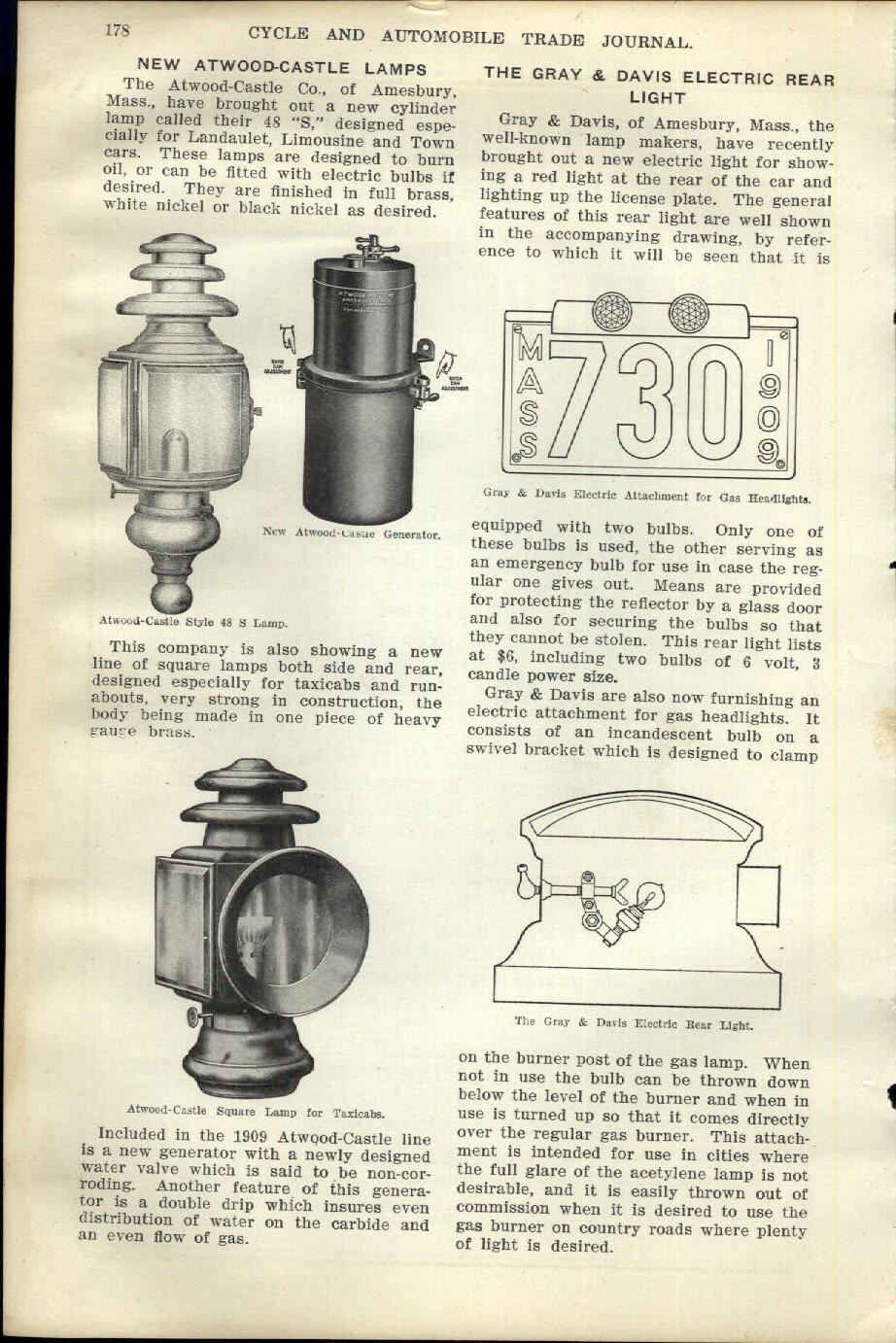 1909 PAPER AD Article Atwood Castle Car Automobile Oil Lamp Splitdorf Magneto