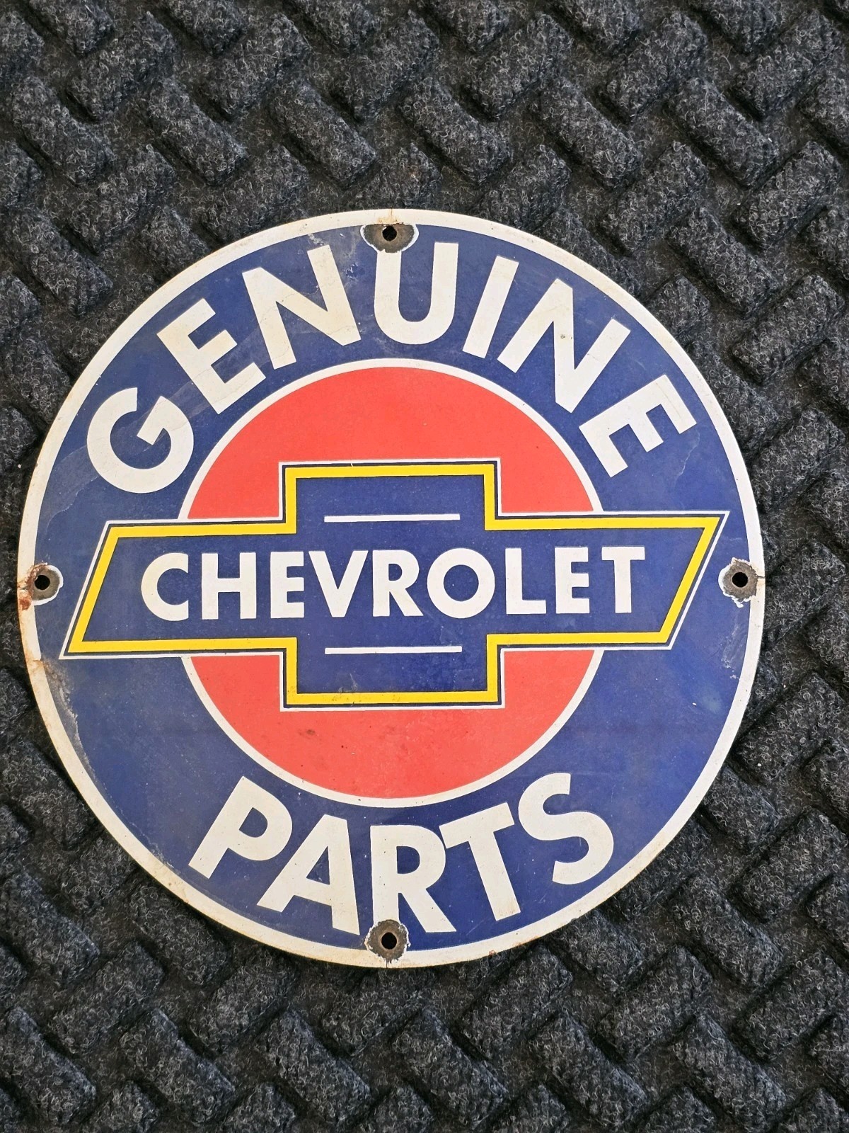 VINTAGE WE USE GENUINE CHEVROLET PARTS  PORCELAIN SIGN.
