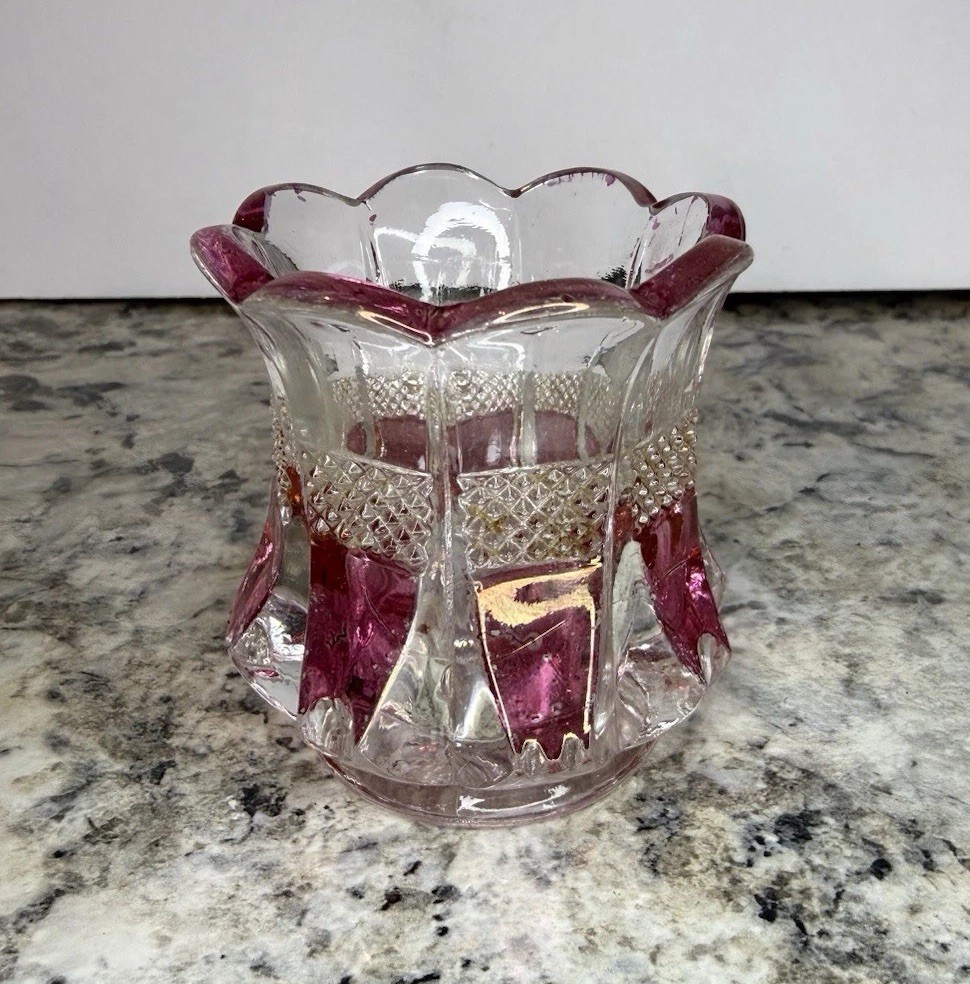 Vintage Ruby Stained Glass Toothpick Holder Pressed Glass Open Salt