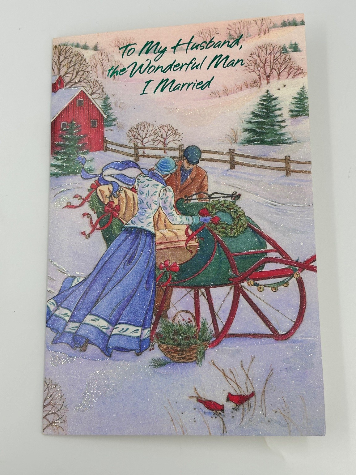 Vintage Carlton Christmas Card Husband Winter Sleigh Glitter Scene Vintage Carlton Christmas Card Husband Winter Sleigh Glitter Scene