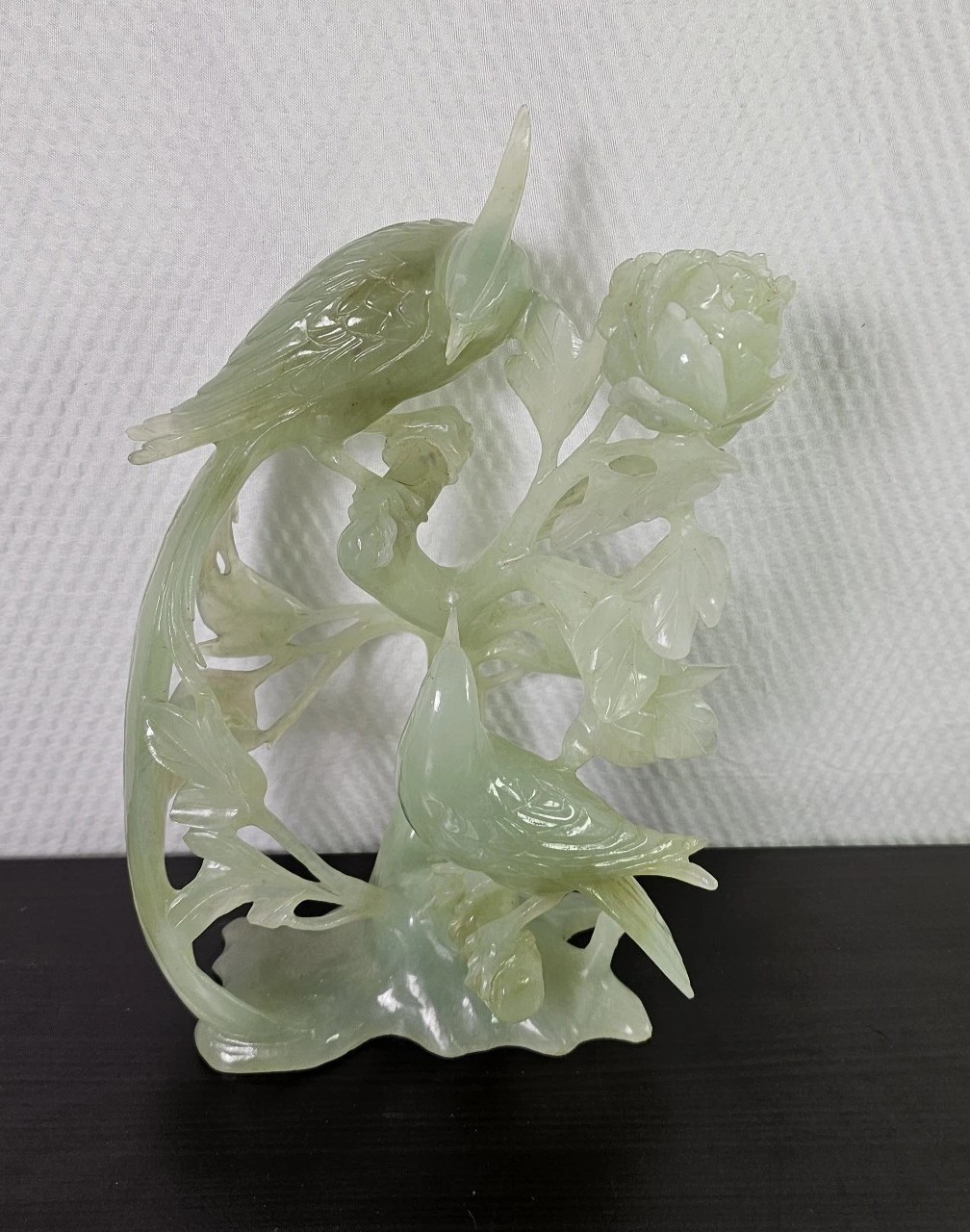 VTG Jade Figurine Chinese Hand Craved 2 Birds & Rose Flower 9