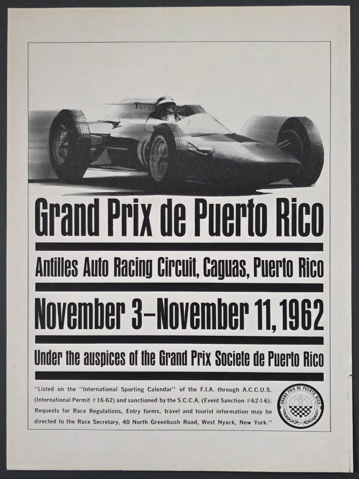 1962 PRINT AD Grand Prix de Puerto Rico at Antilles Circuit at Caguas